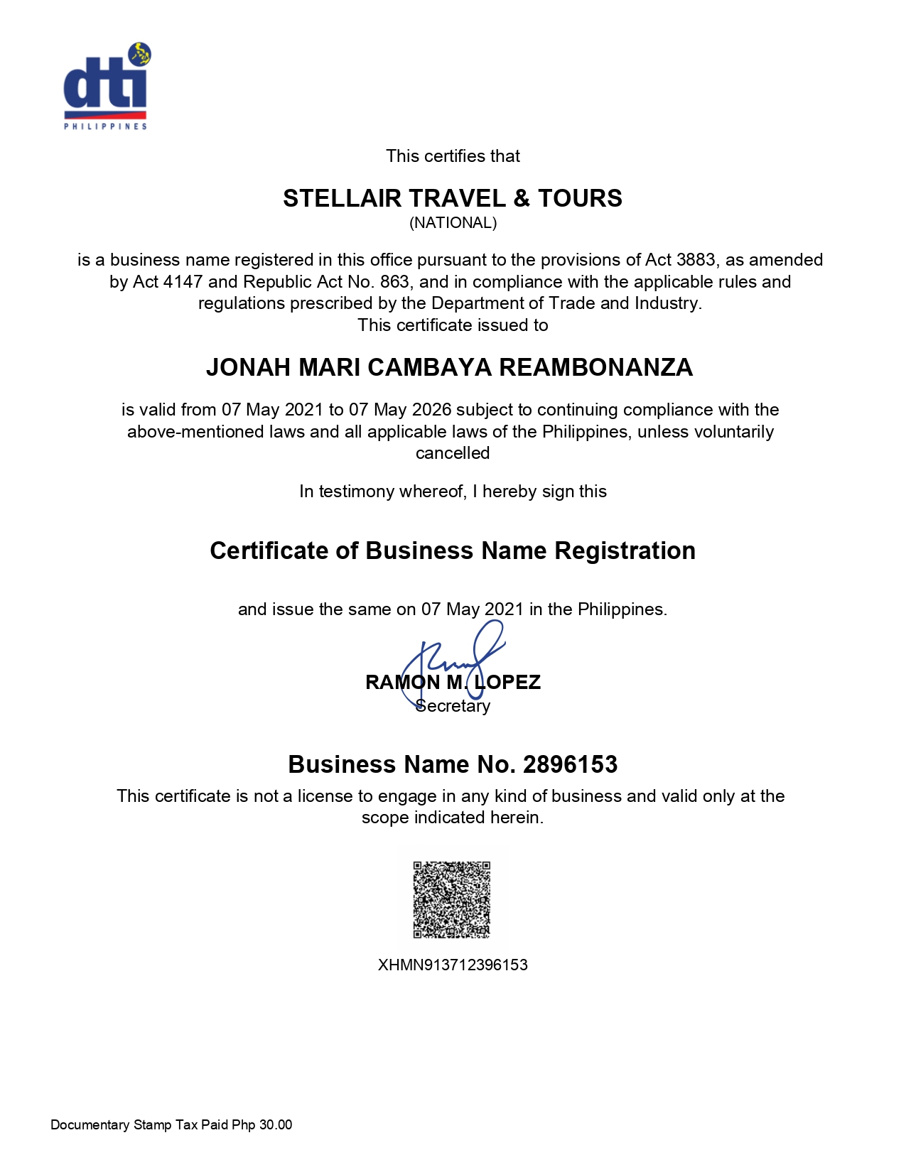 Business Name Registration (Stellair Travel & Tours)