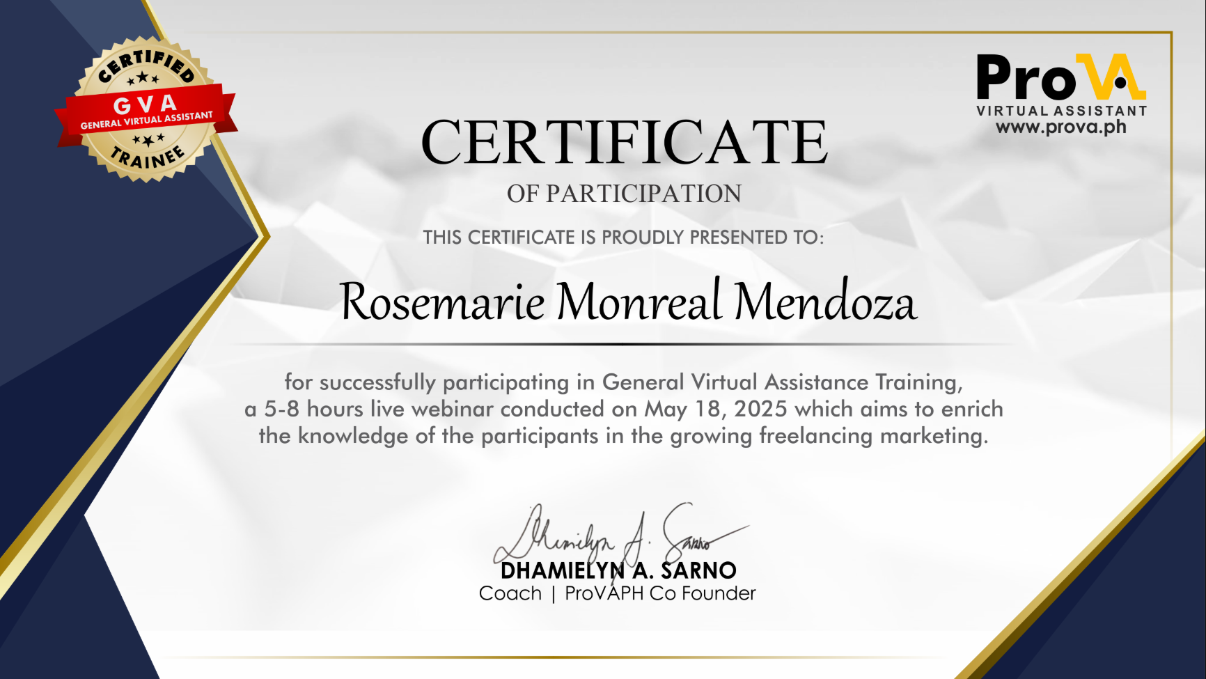 General Virtual Assistance (GVA) Training Certificate