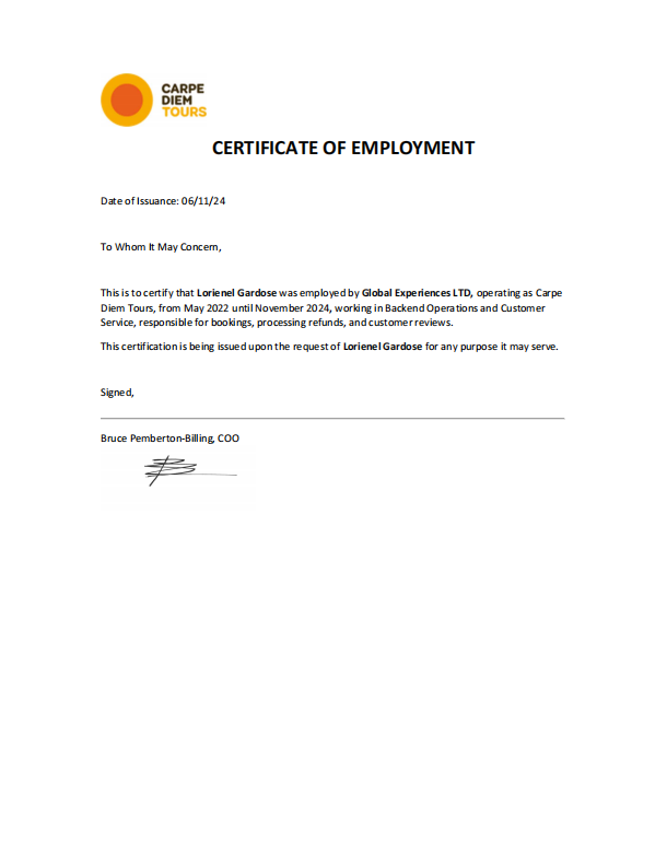 ertificate of Employment