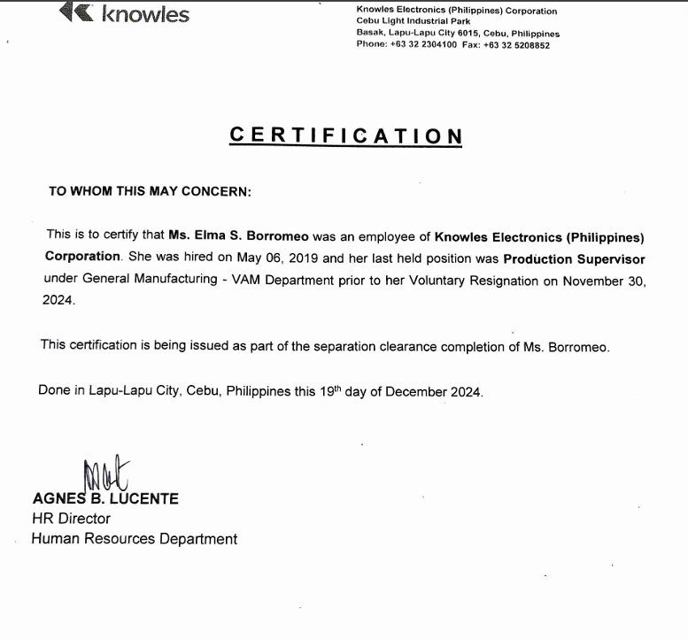 Knowles Certificate