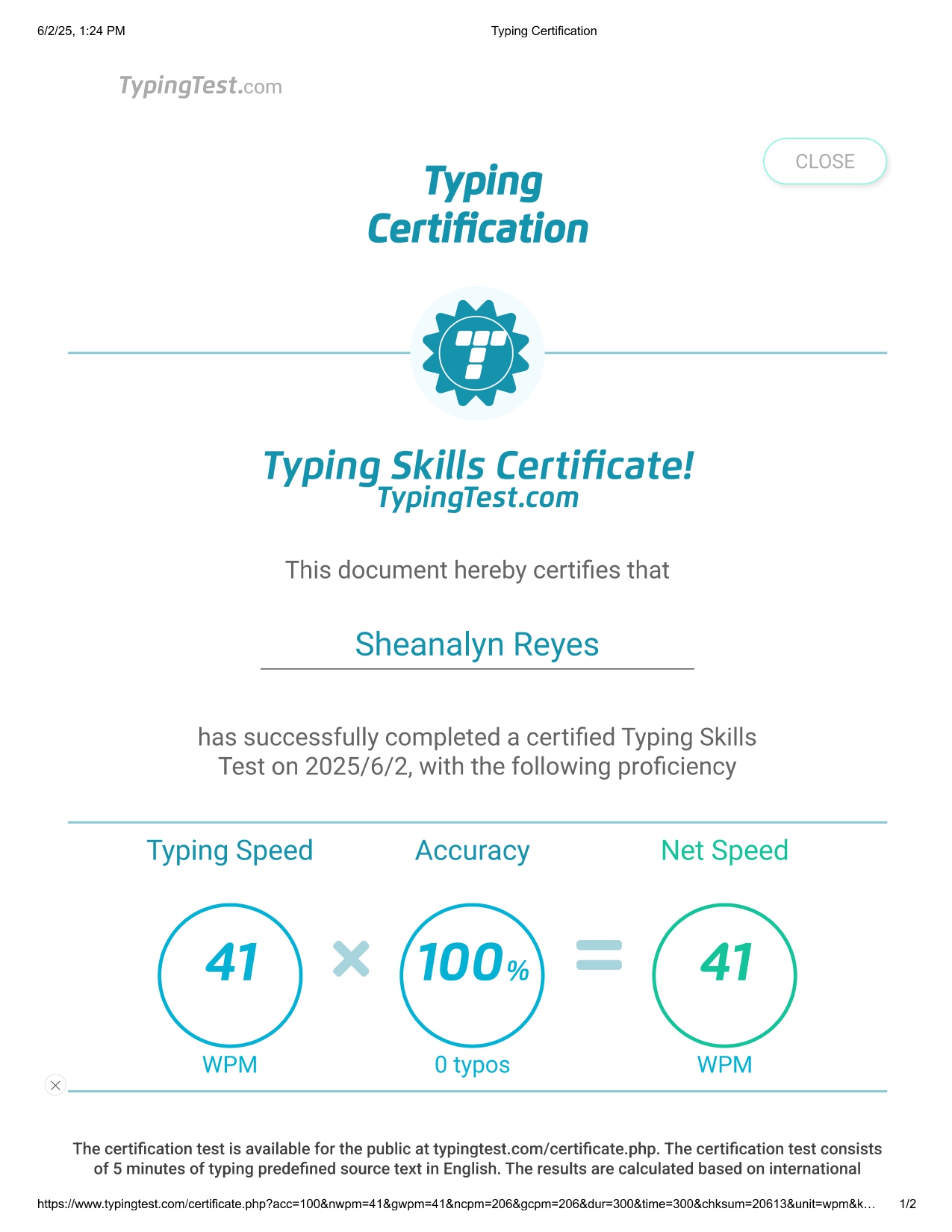 Typing Test Certificate