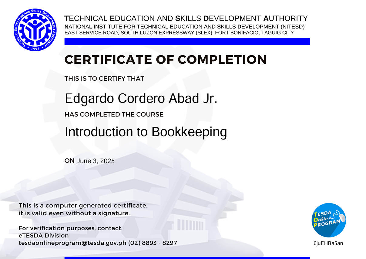 TESDA Certificate Bookkeeping