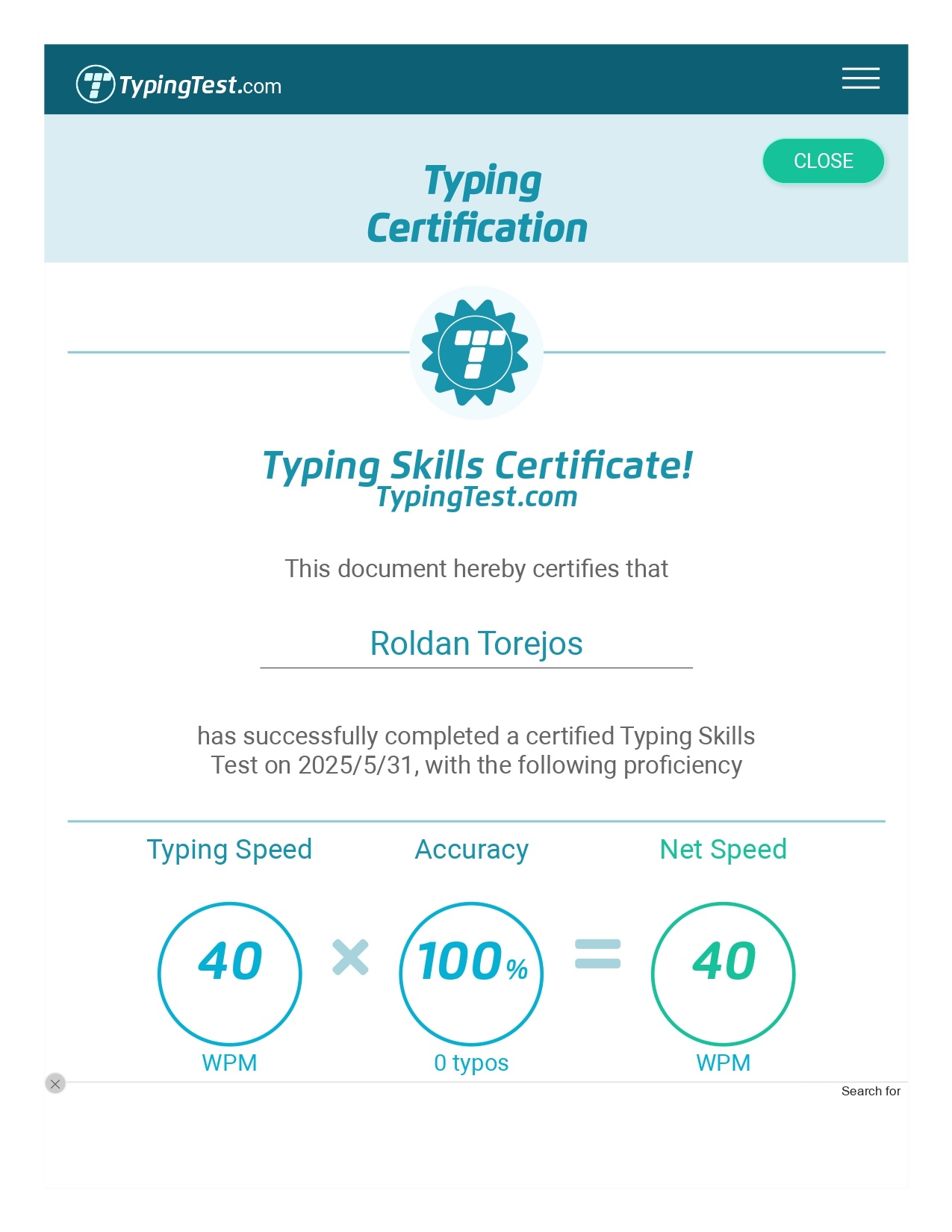 Typing Skills Certificate