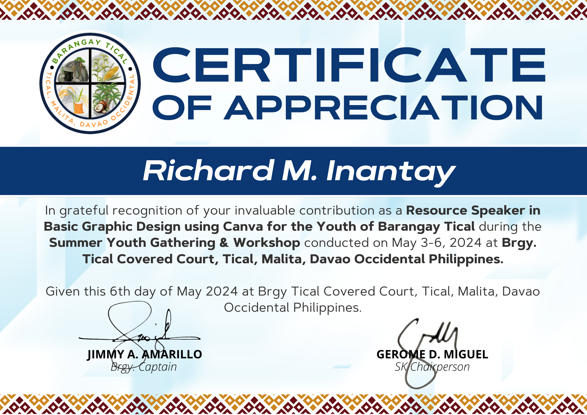 Resource Speaker Certificate in Basic Graphic Design using Canva for the Youth