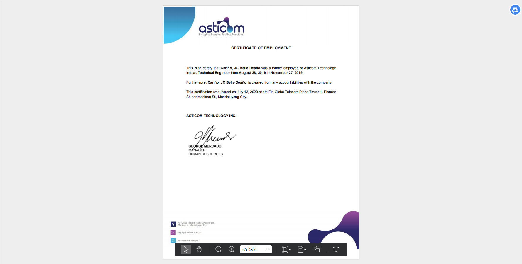 COE under Asticom, Inc. for Globe Telecom