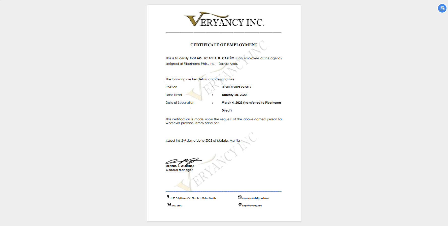 COE under Veryancy, Inc. for Fiberhome Phils, Inc.