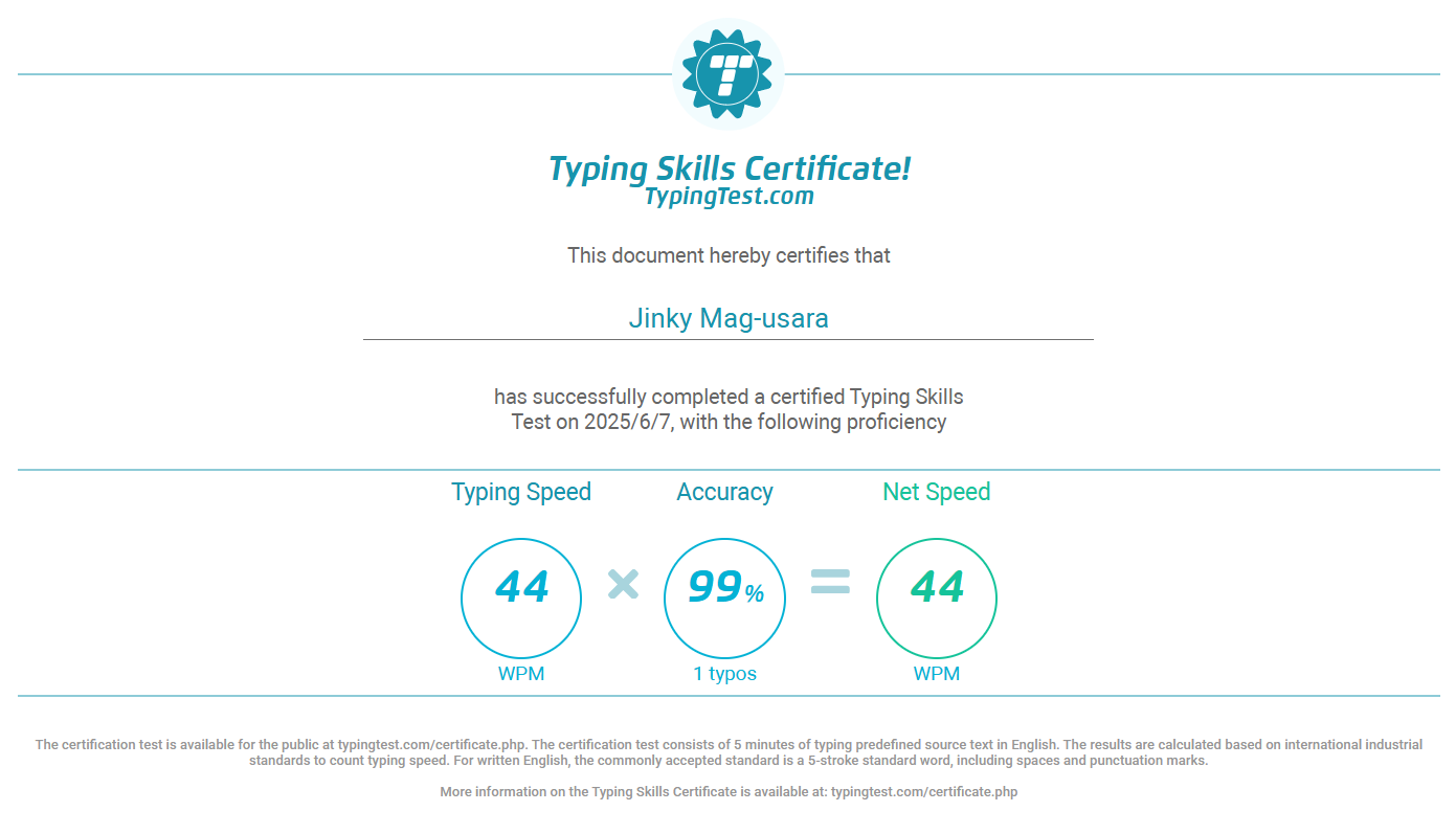 Typing Certificate