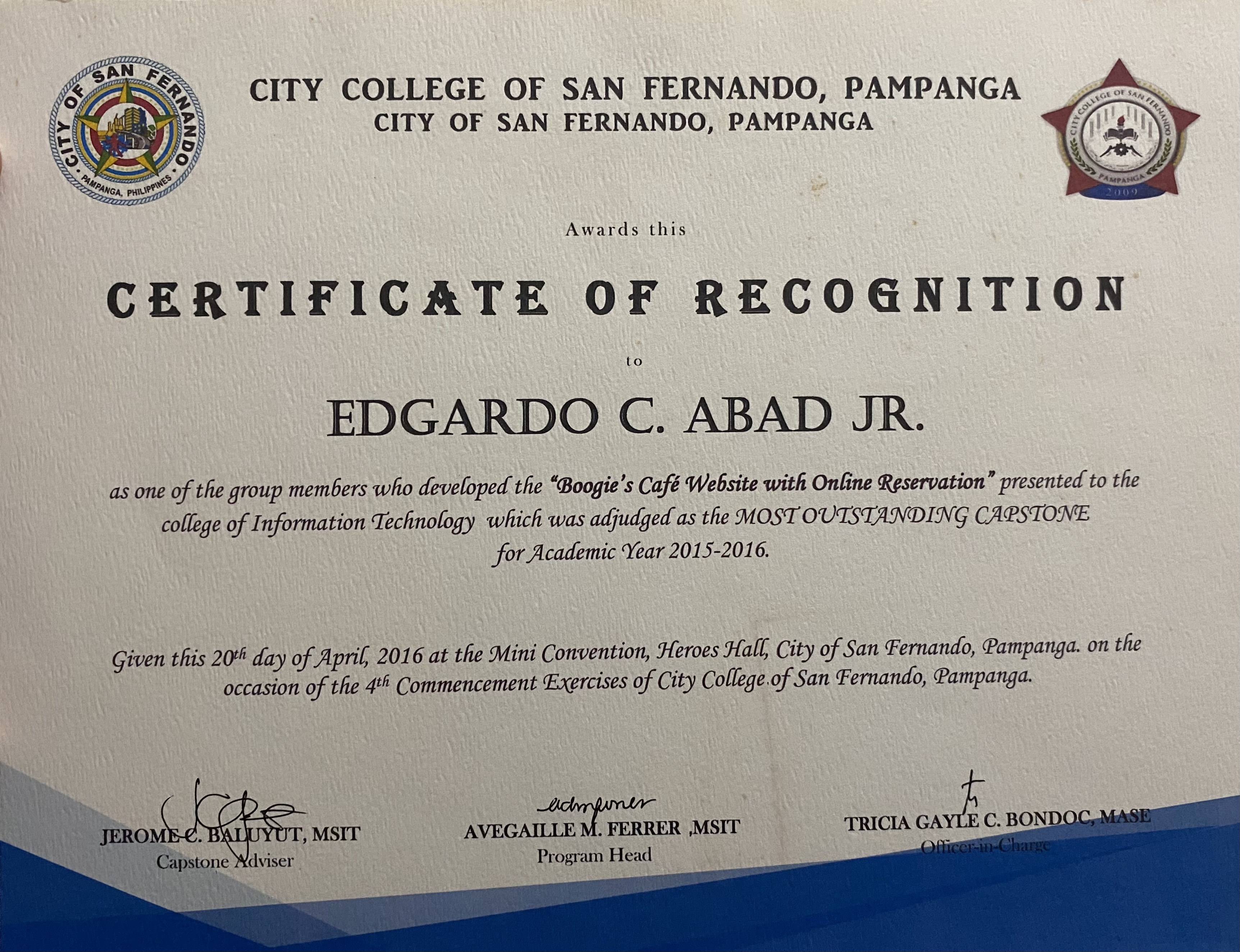 Certificate of Recognition: Website and Online Reservation