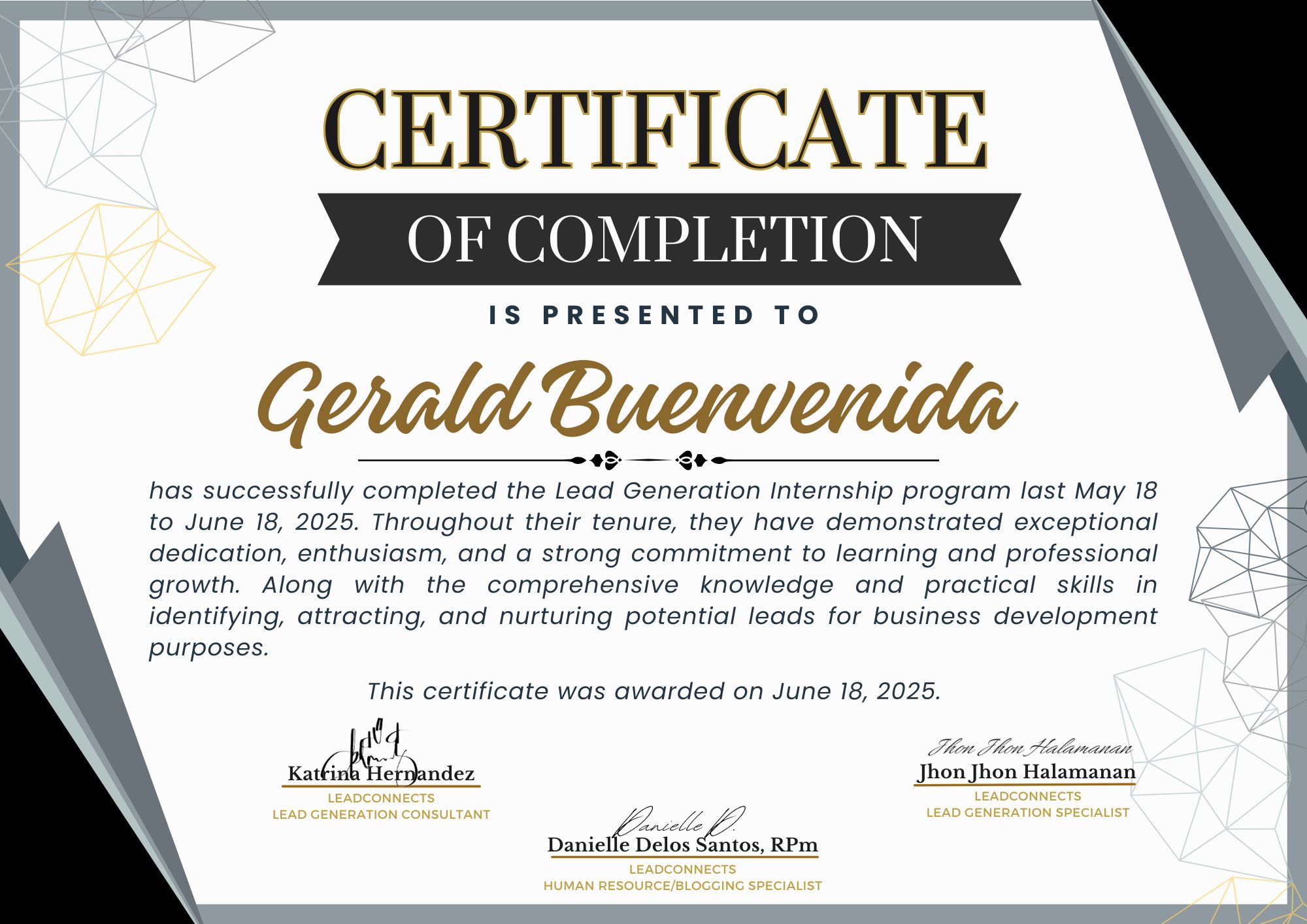 Lead Generation Internship Program Certificate