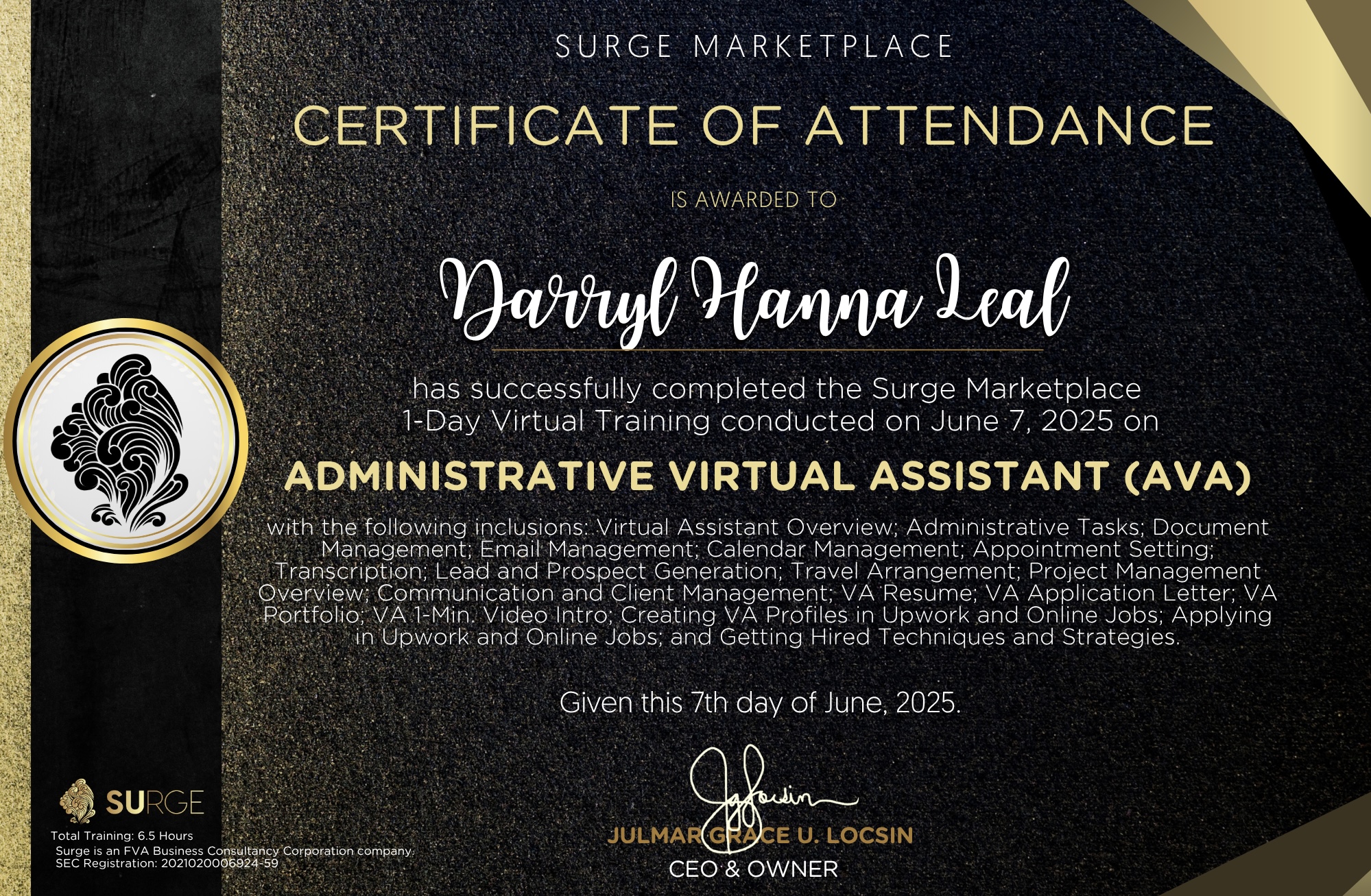 Administrative Virtual Assistant CERTIFICATE OF ATTENDANCE