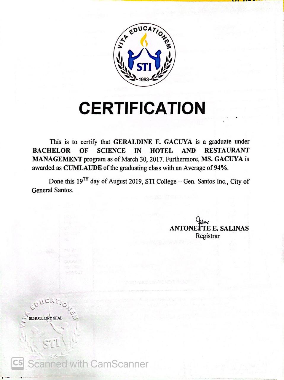 Award Certification - CUM LAUDE