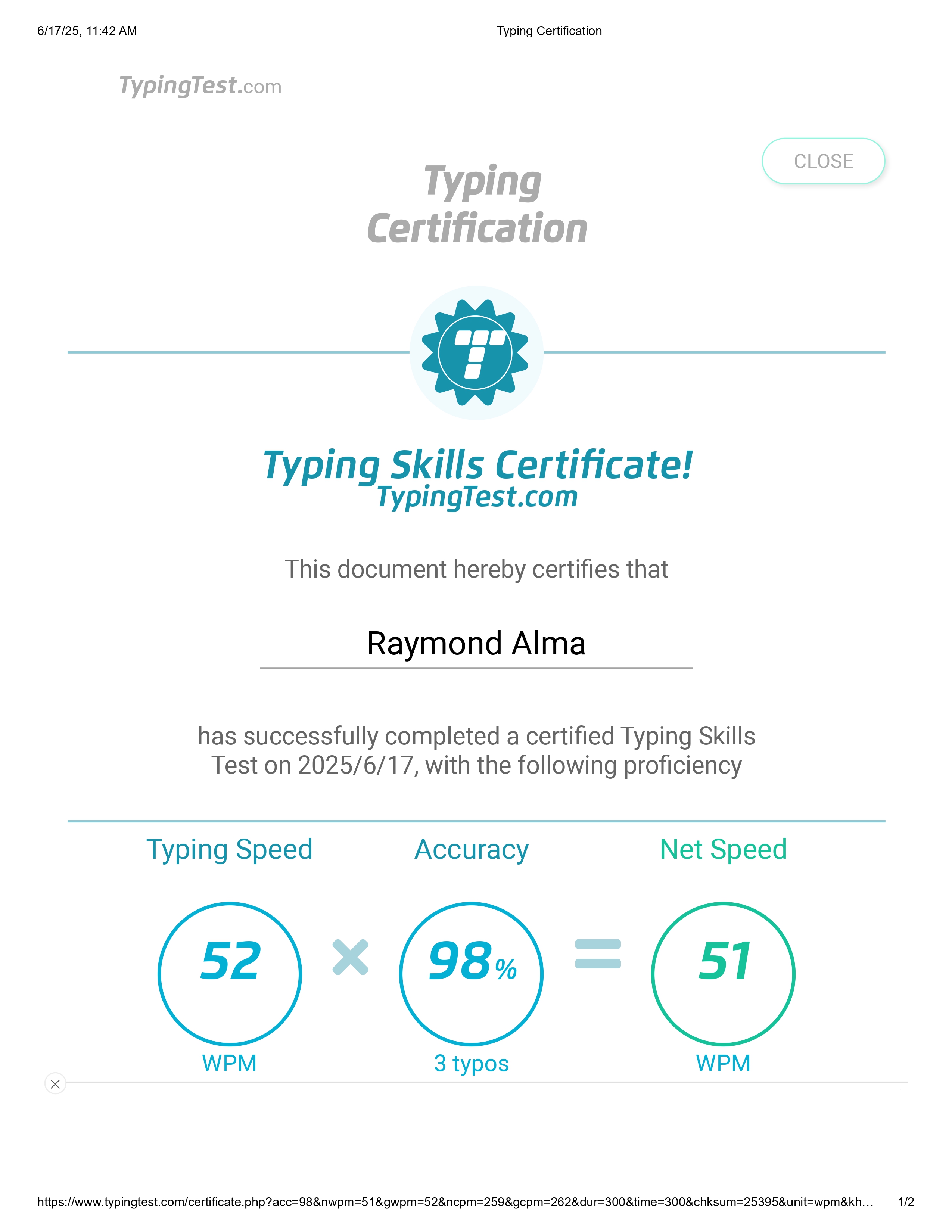Typing Skills Certificate