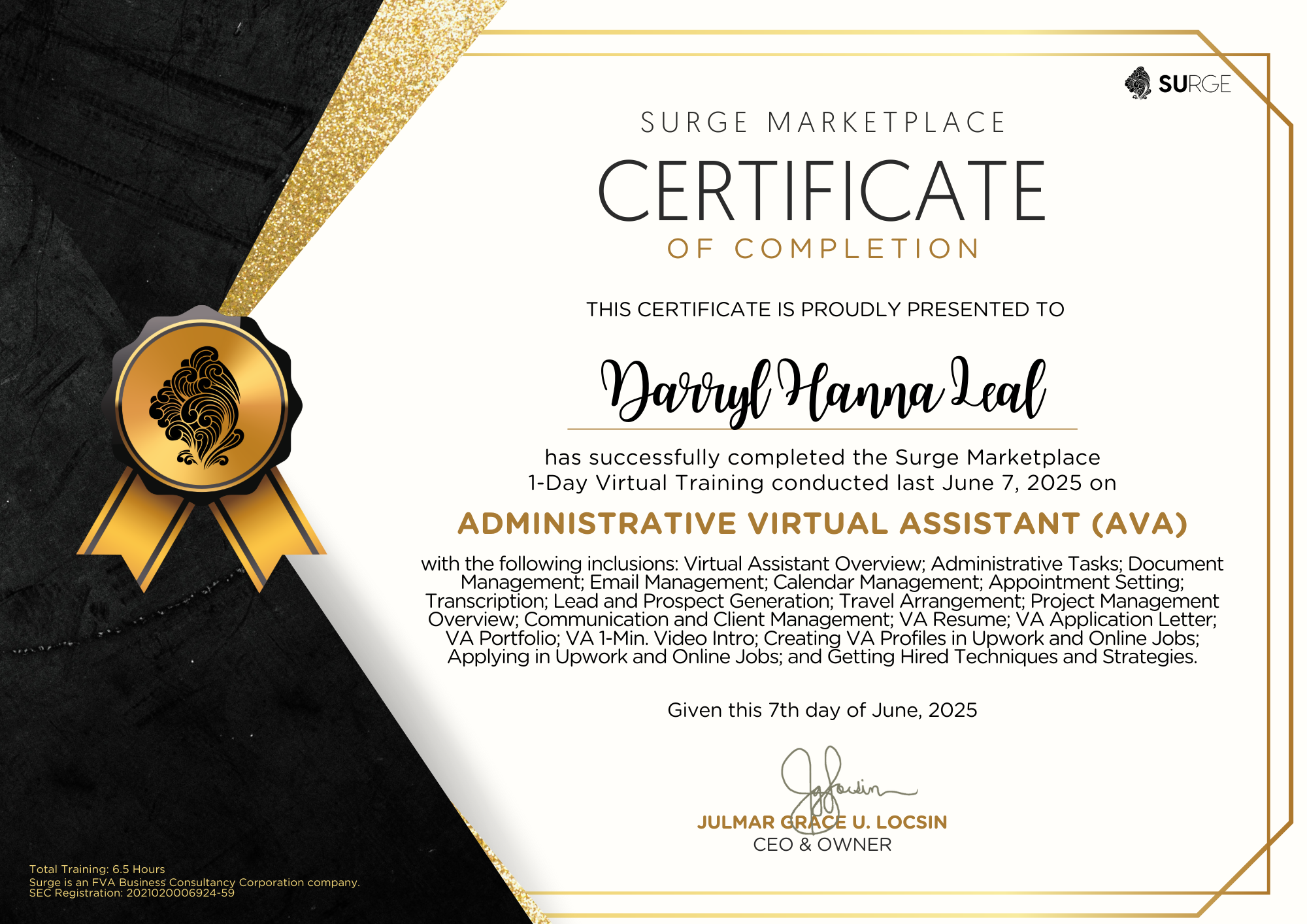 SURGE MARKET PLACE CERTIFICATE OF COMPLETION