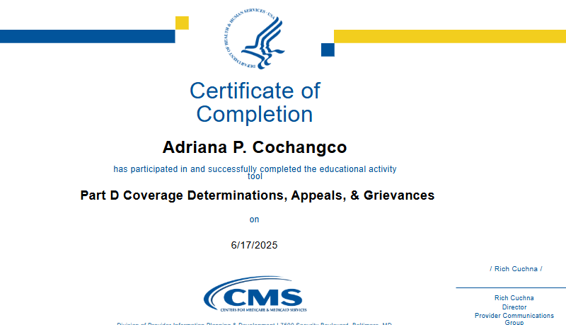 CMS Part D Certificate