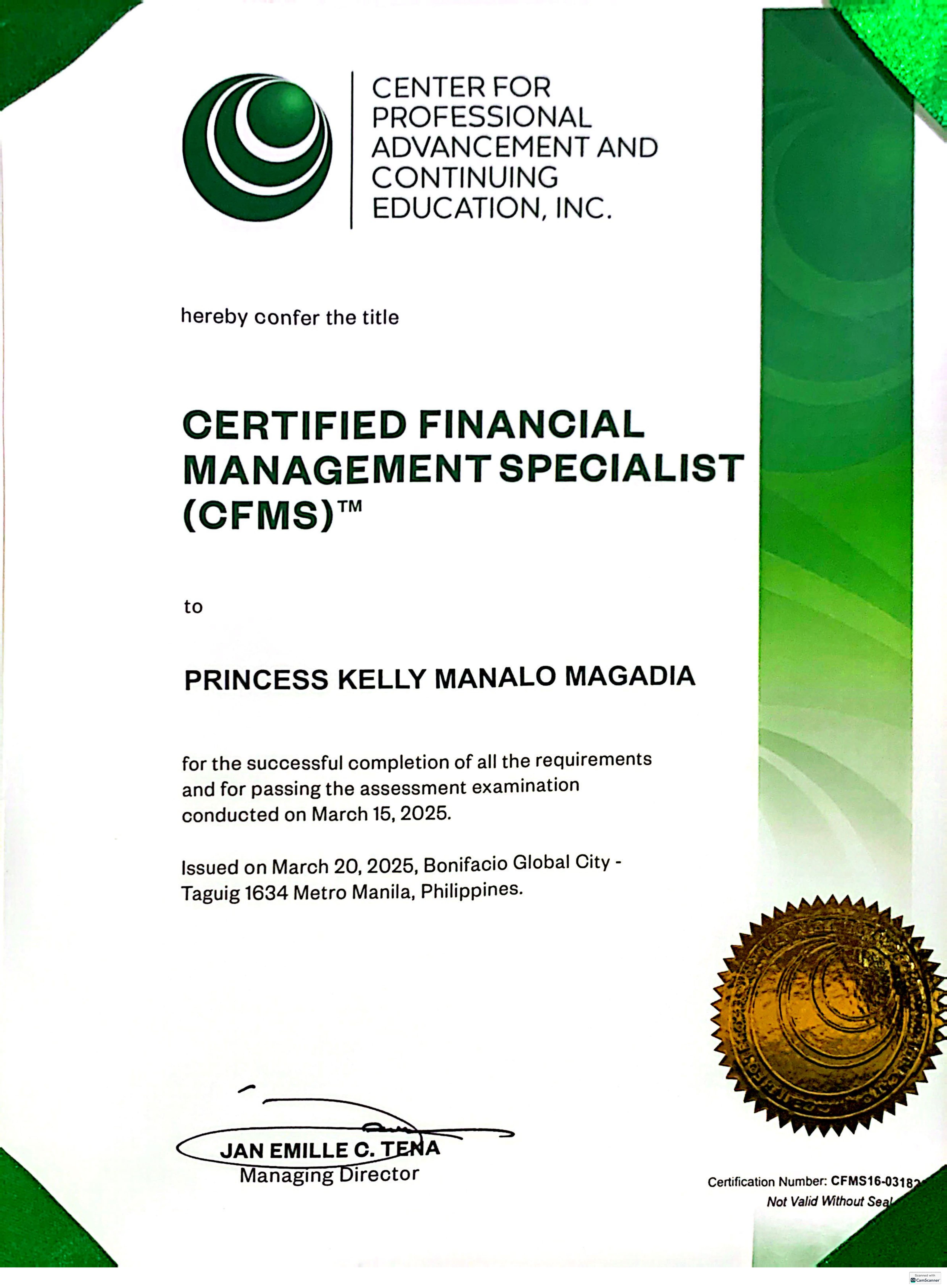 CERTIFIED FINANCIAL MANEGEMENT SPECIALIST CERTIFICATE PAGE 1