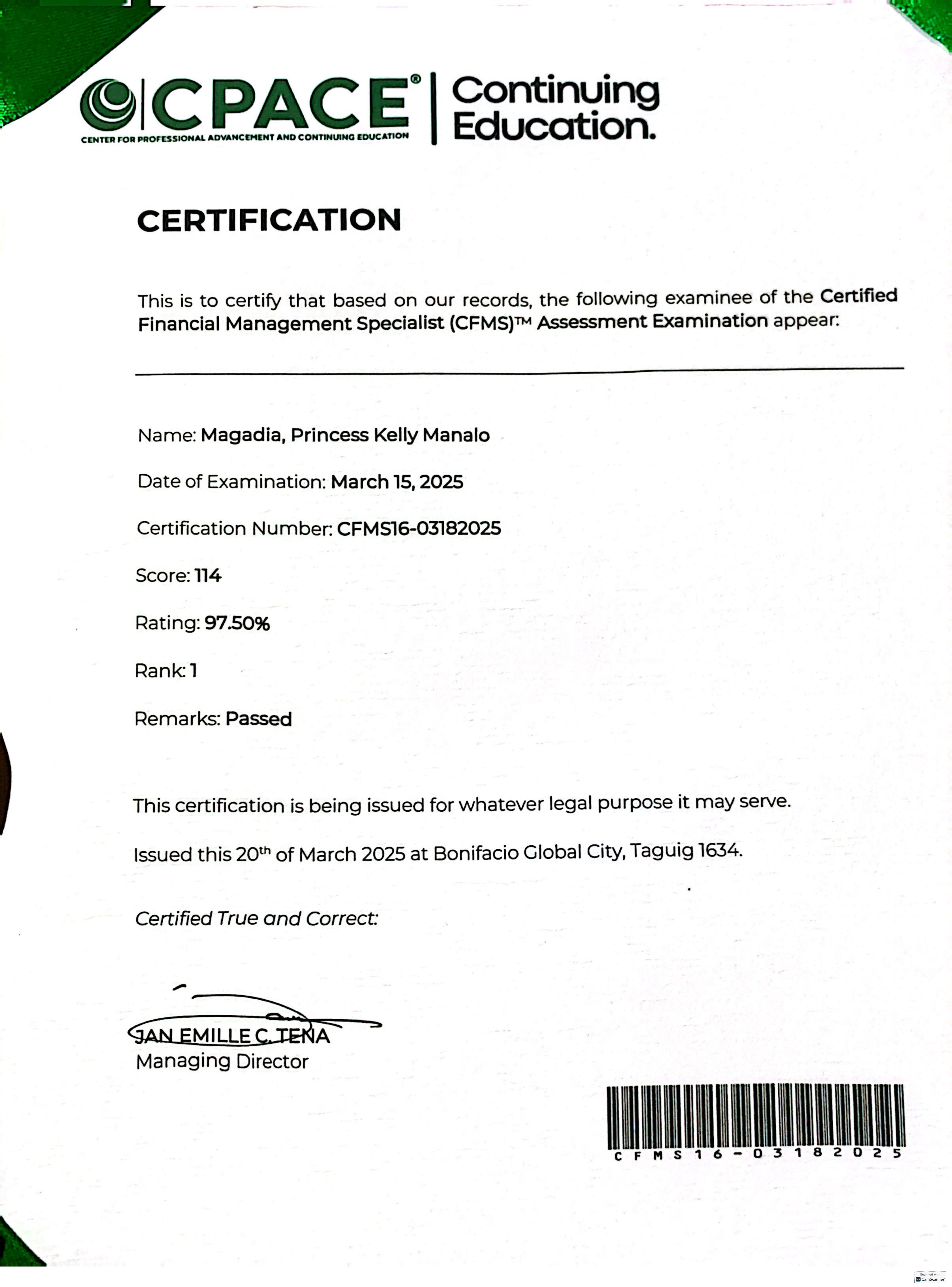 CERTIFIED FINANCIAL MANEGEMENT SPECIALIST CERTIFICATE PAGE 2