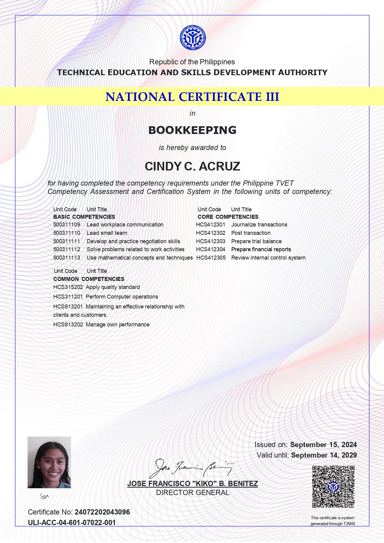 BOOKKEEPING CERTIFICATE