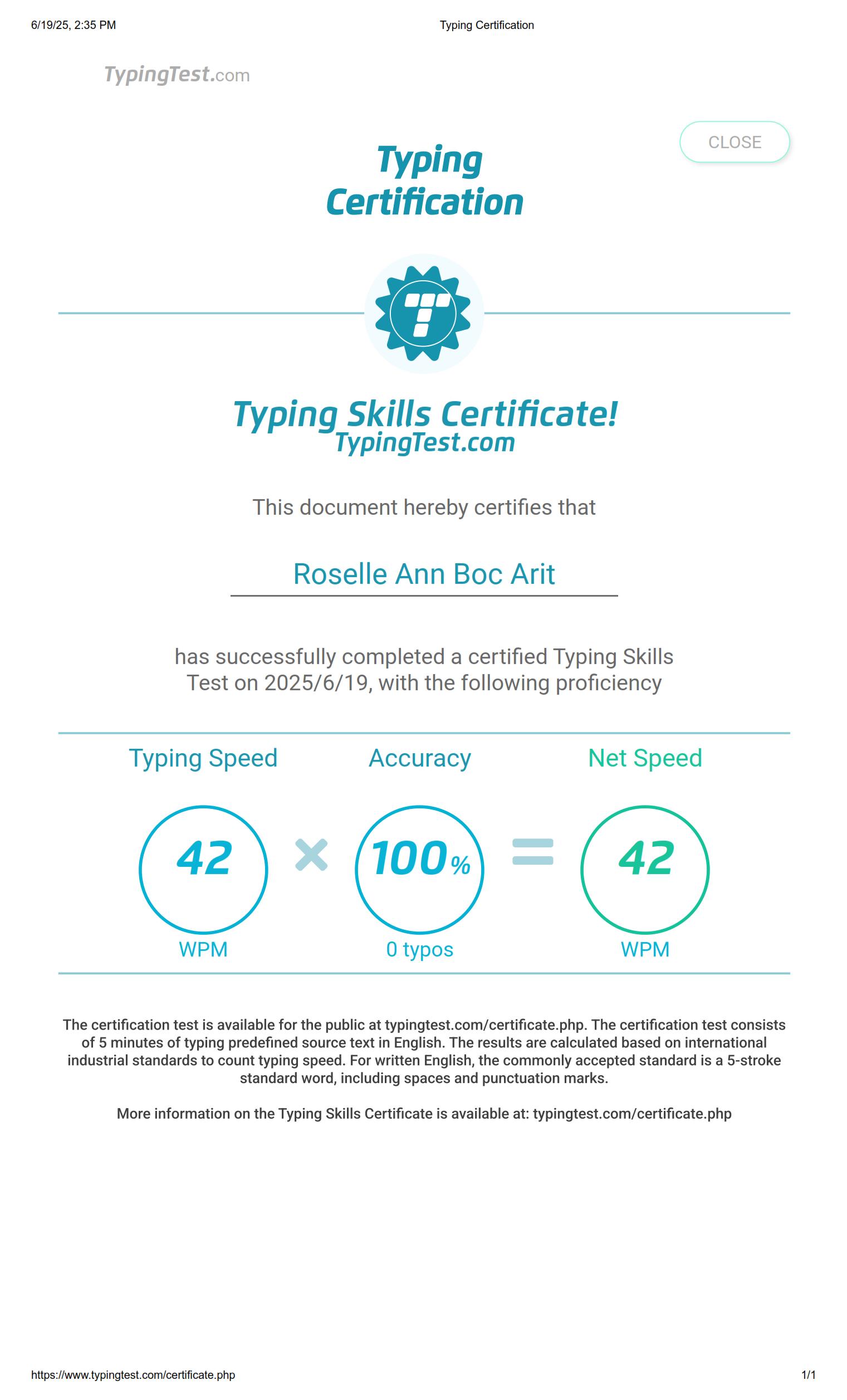 Typing test certificate