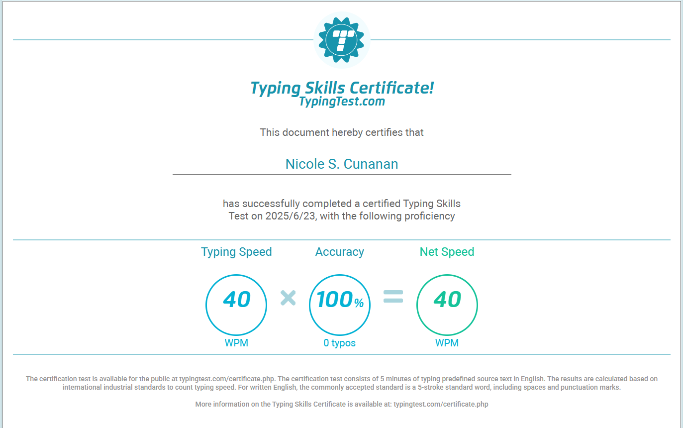 Typing Test Certificate
