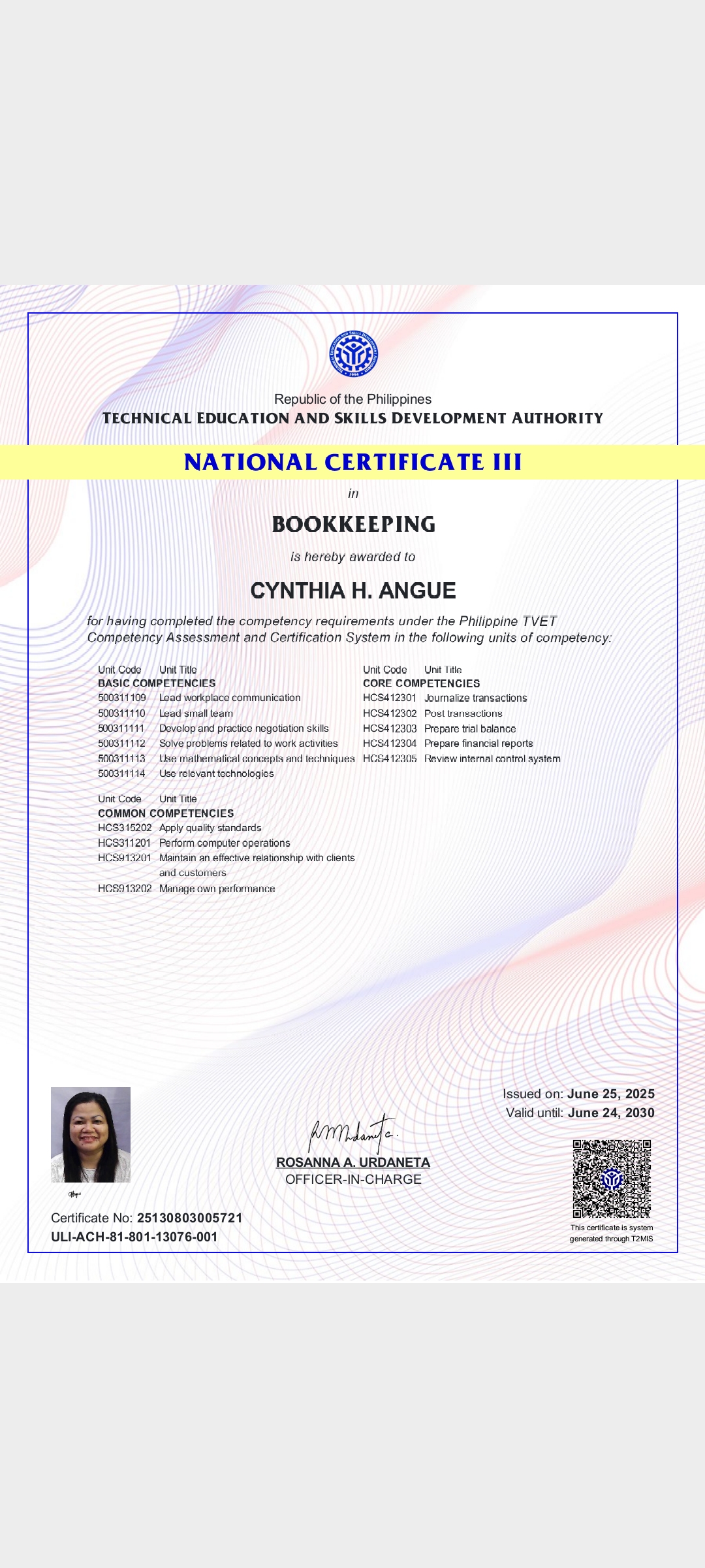 Tesda NC III Bookeeping certificate