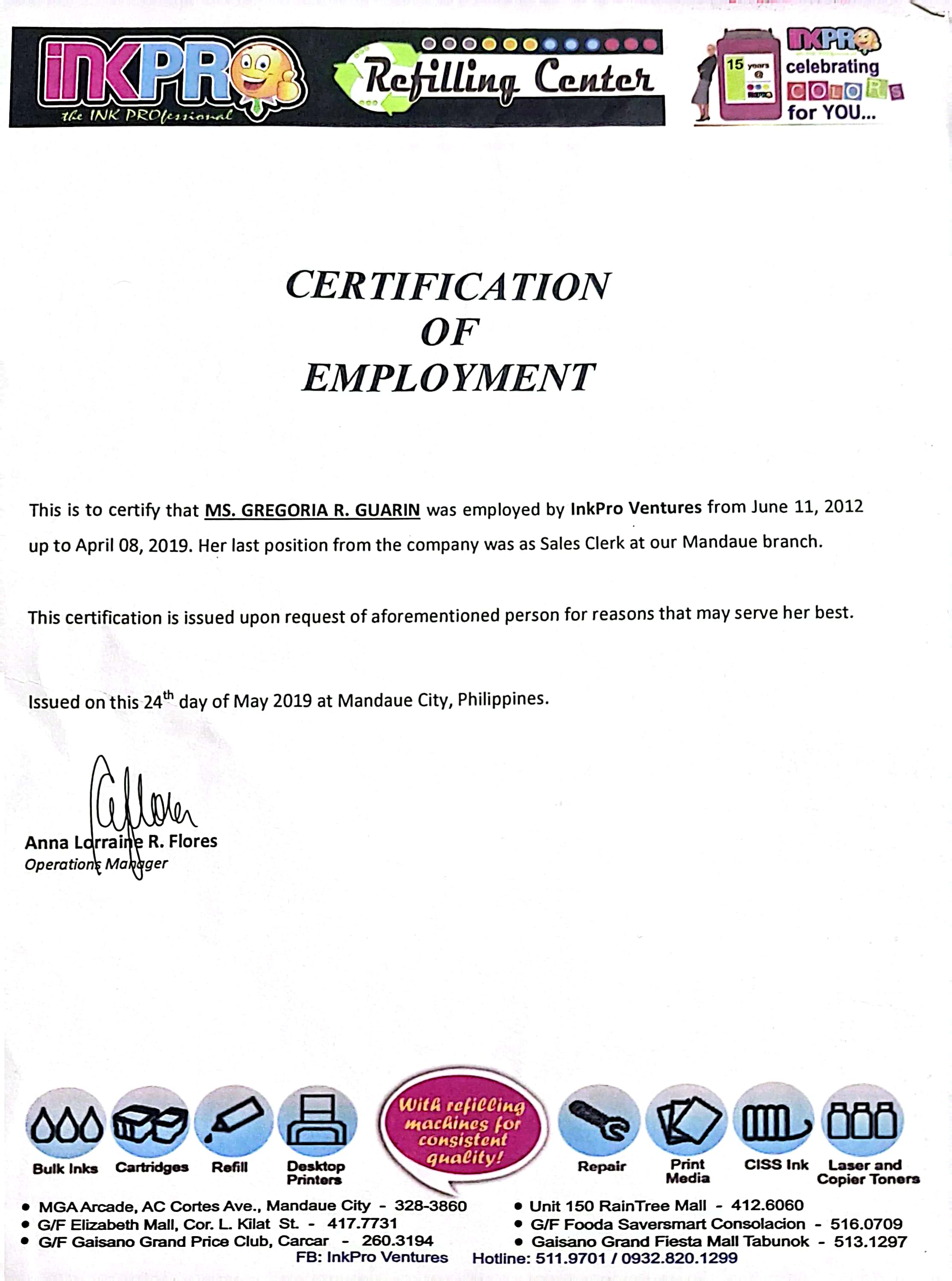 Certificate of employment as Resident salesclerk and cashier