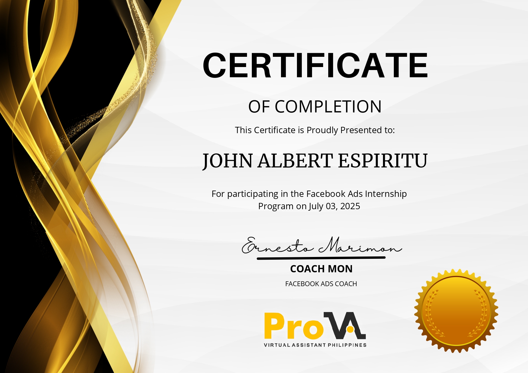 Facebook Ads Intership Program Certificate