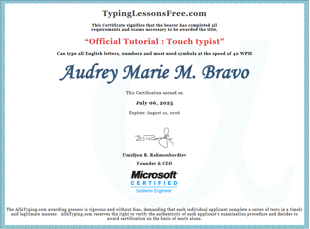TYPING TEST CERT_ALFATYPING.COM_AMBRAVO