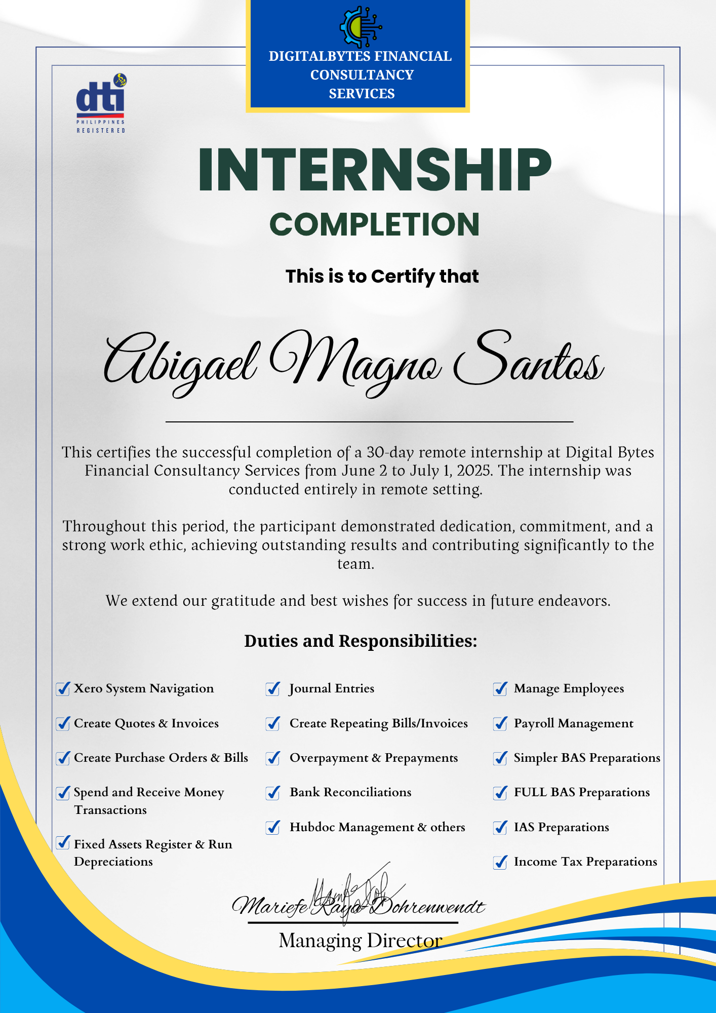 Internship Certificate - Xero