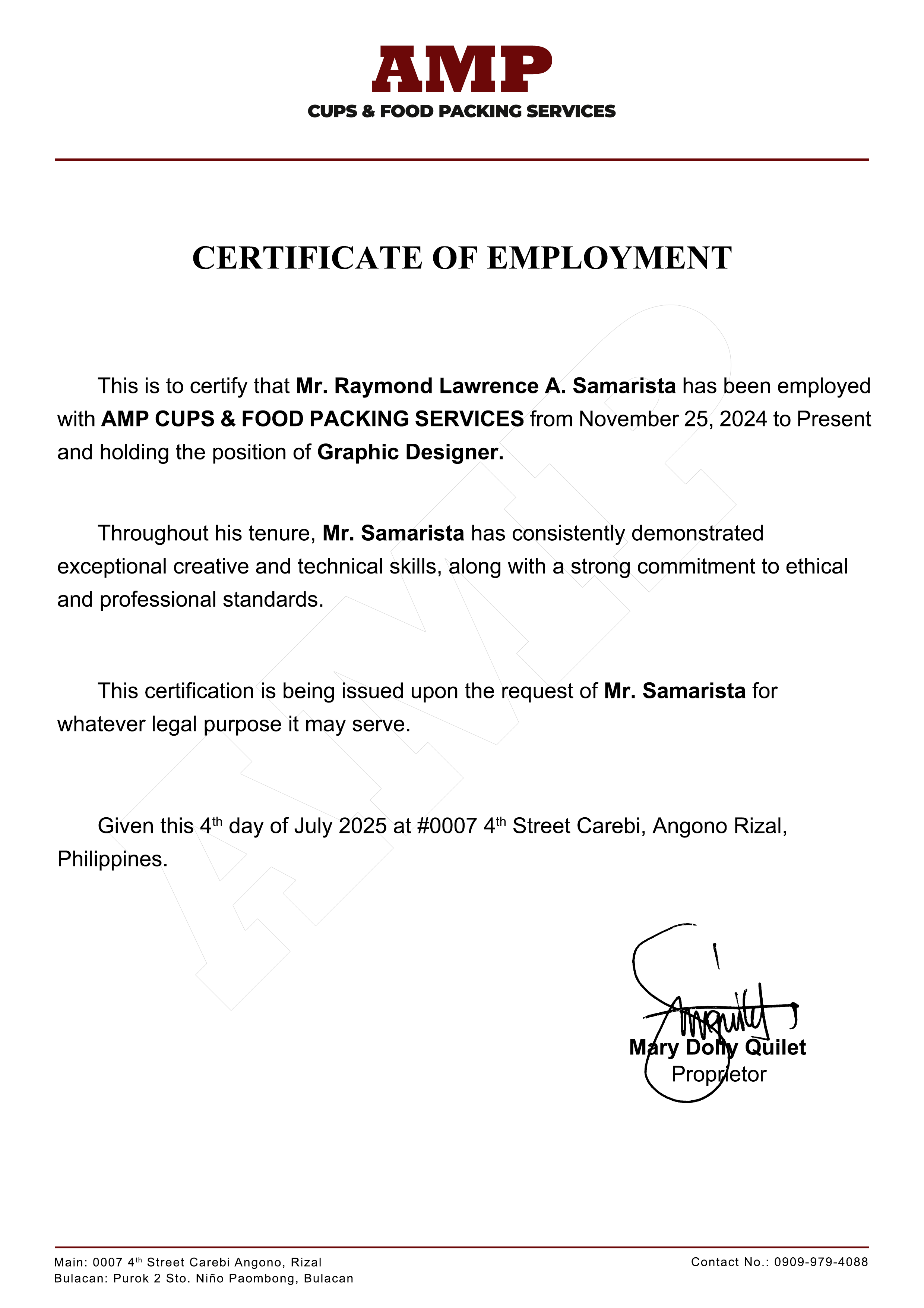 AMP Certificate of Employment 2025