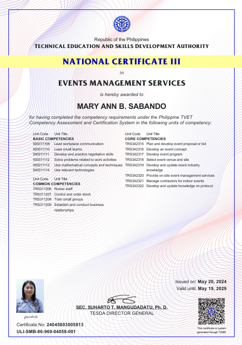 NATIONAL CERTICATE III - EVENTS MANAGEMENT SERVICES
