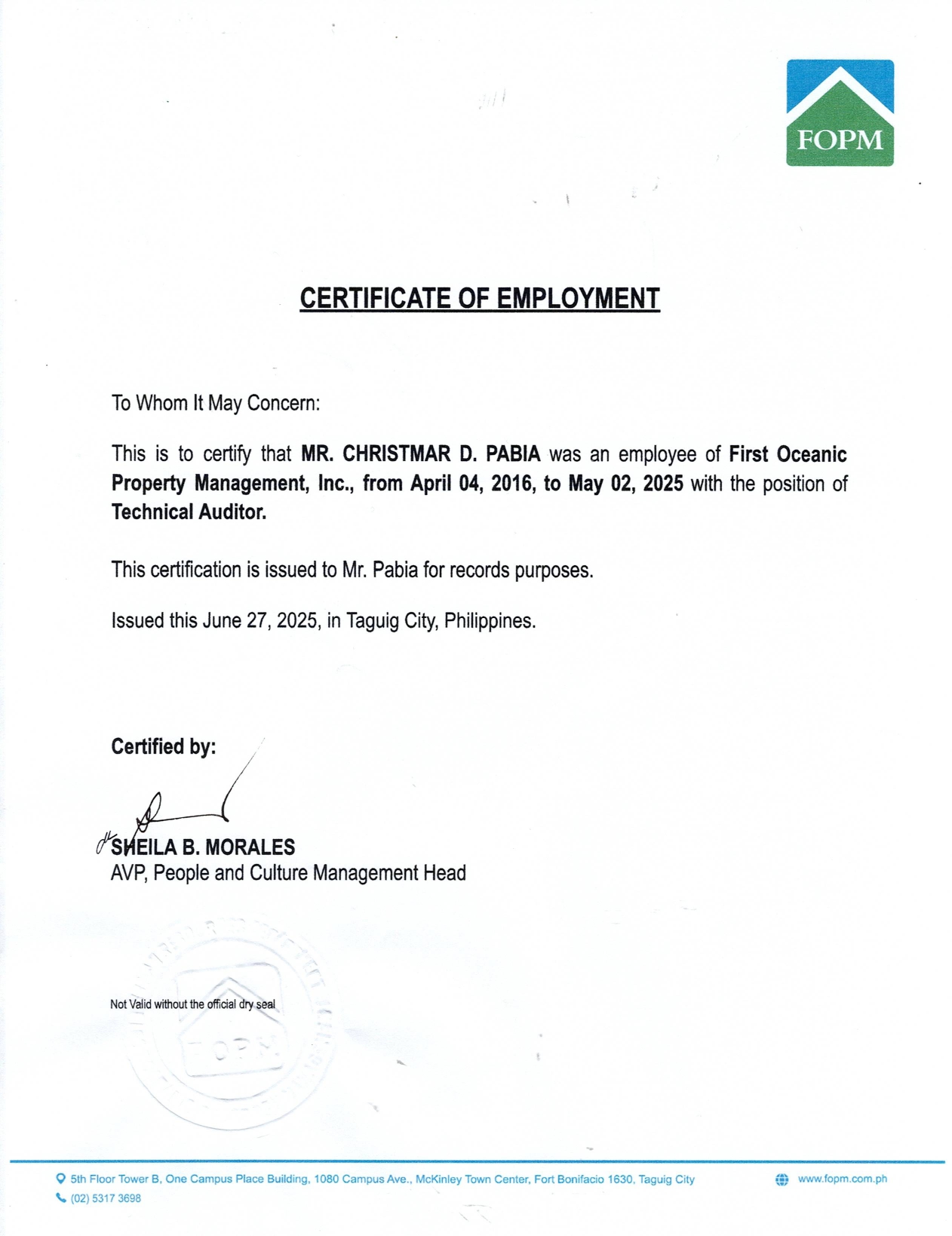 Technical Auditor Certificate of Employment