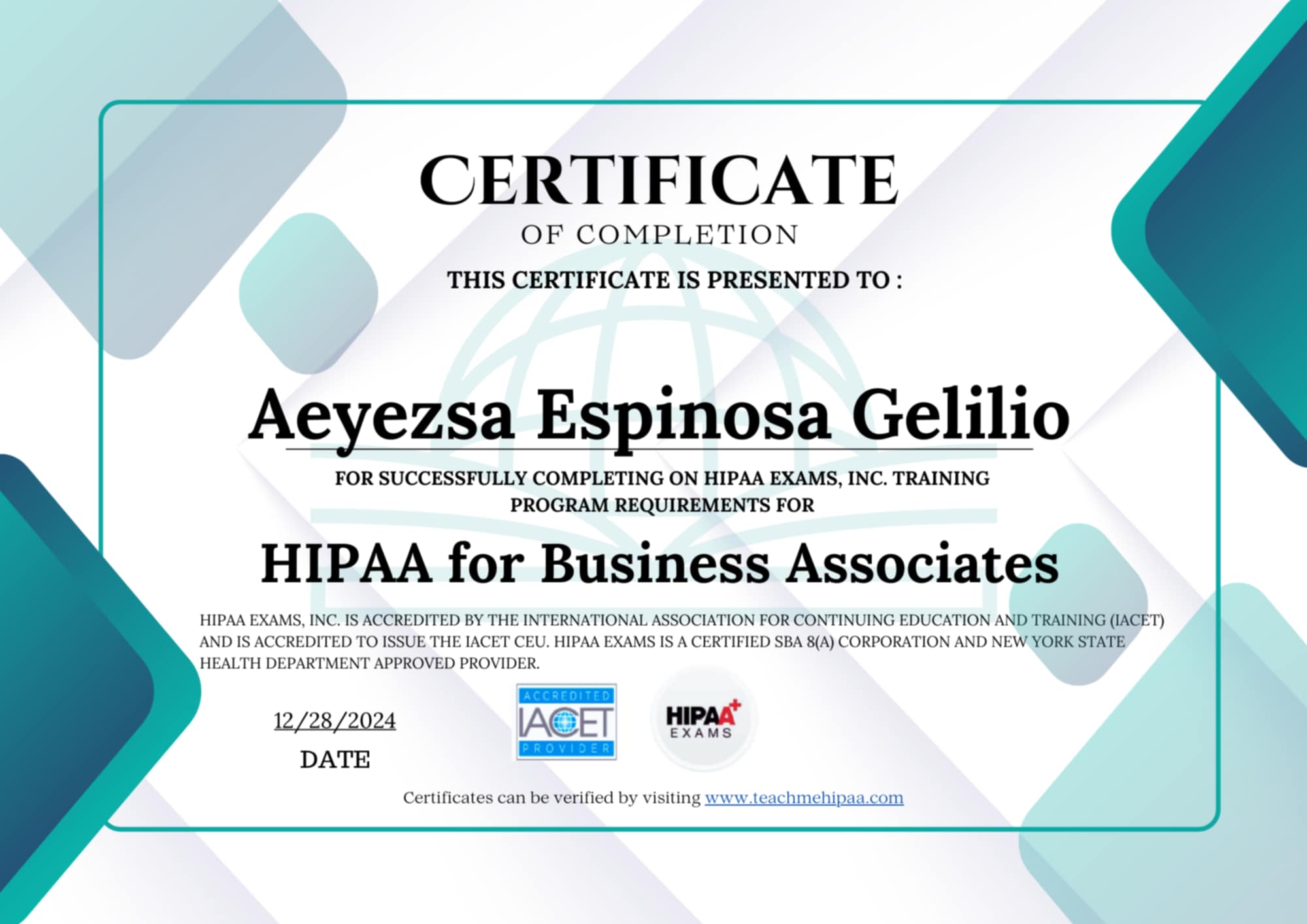 HIPAA Certificate