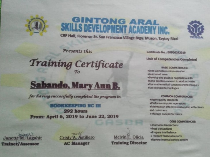 BOOKKEEPING TRAINING CERTIFICATE