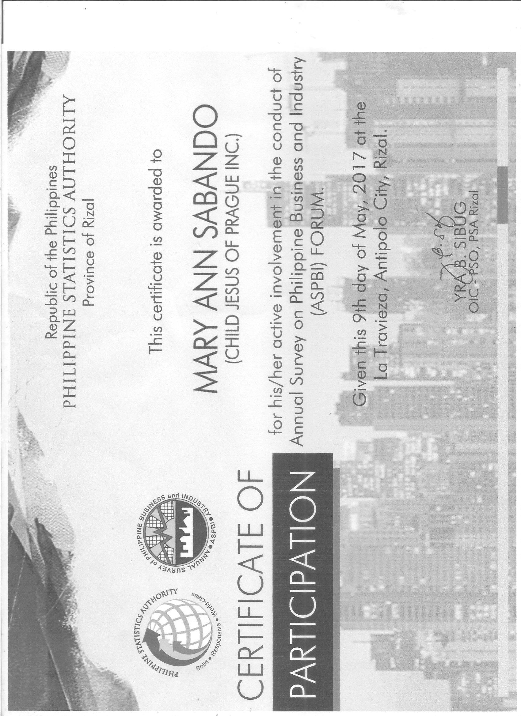 PHILIPPINE STATISTICS AUTHORITY CERTIFICATE OF PARTICIPATION