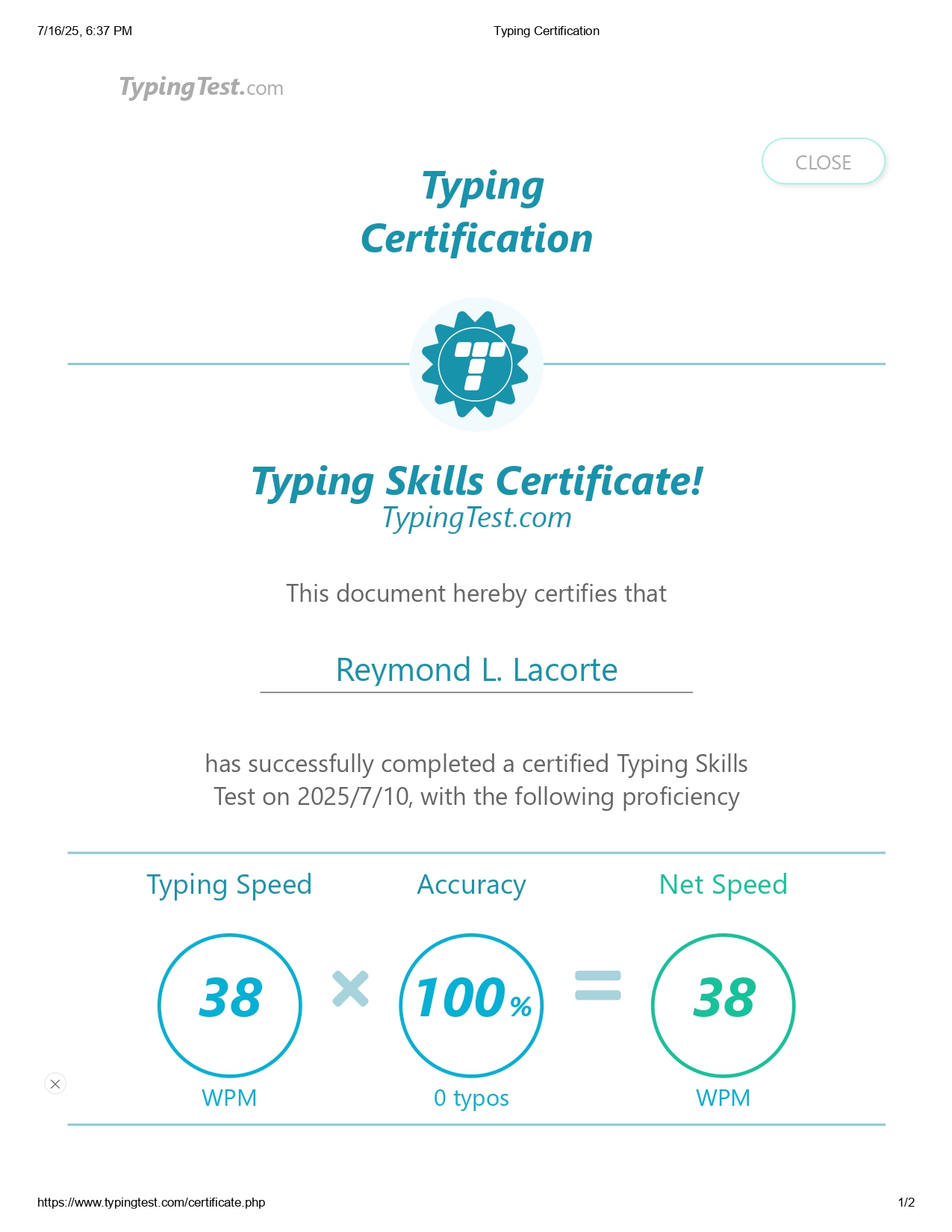 Typing Certification