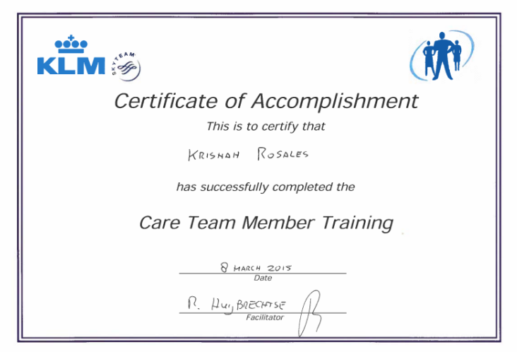 KLM Airlines - Care Team Training Certificate