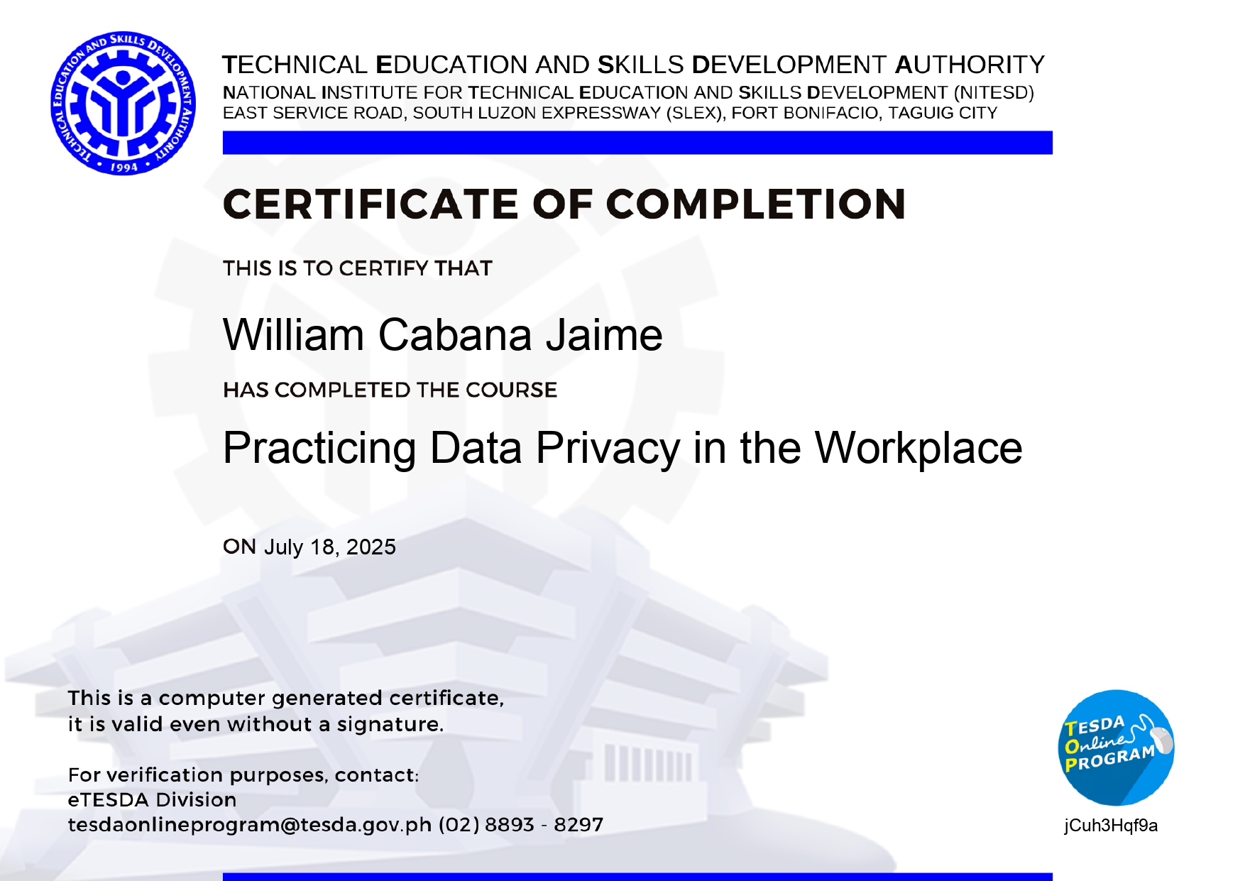 Data Privacy Certificate (TESDA)