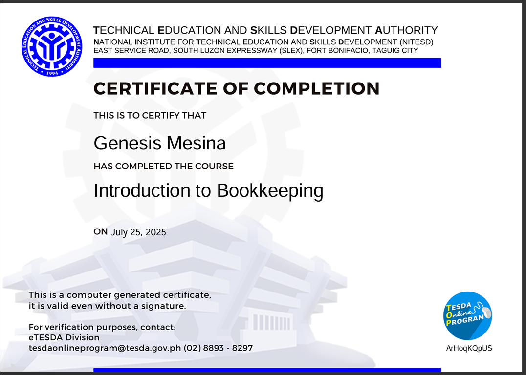 Bookkeeping NCIII TESDA Training - Government sponsored training
