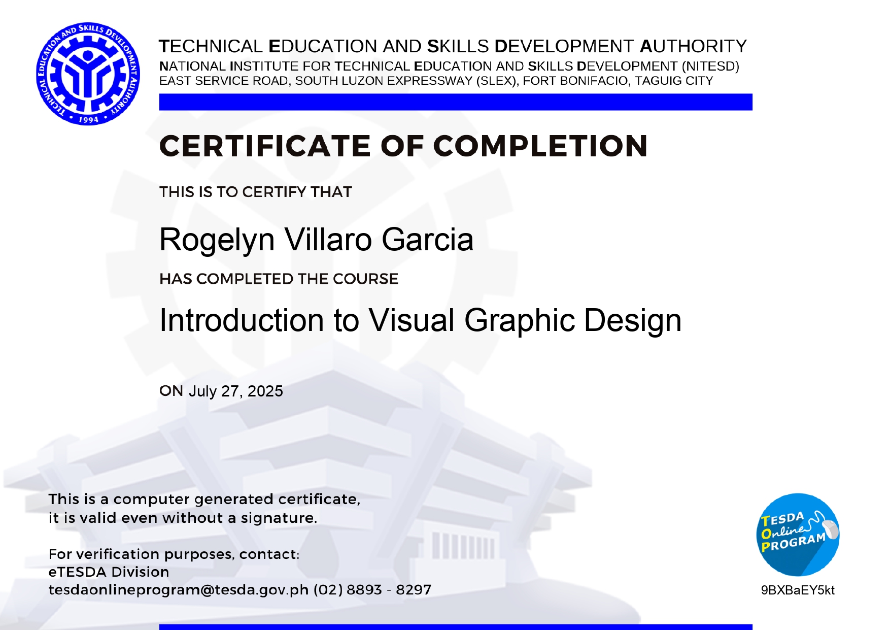 TESDA Certificate - Introduction to Visual Graphic Design
