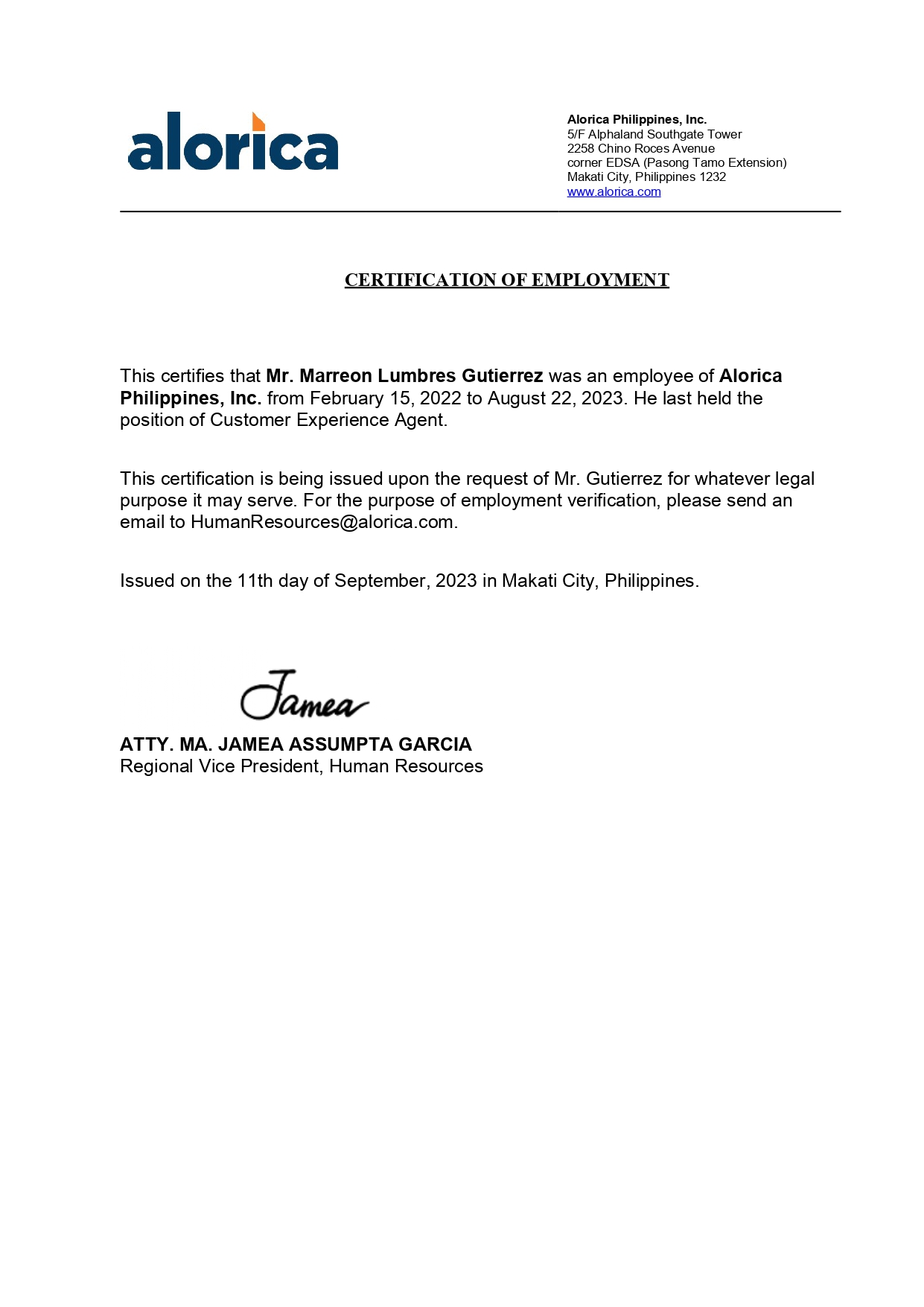 Certificate of Employment (Alorica)