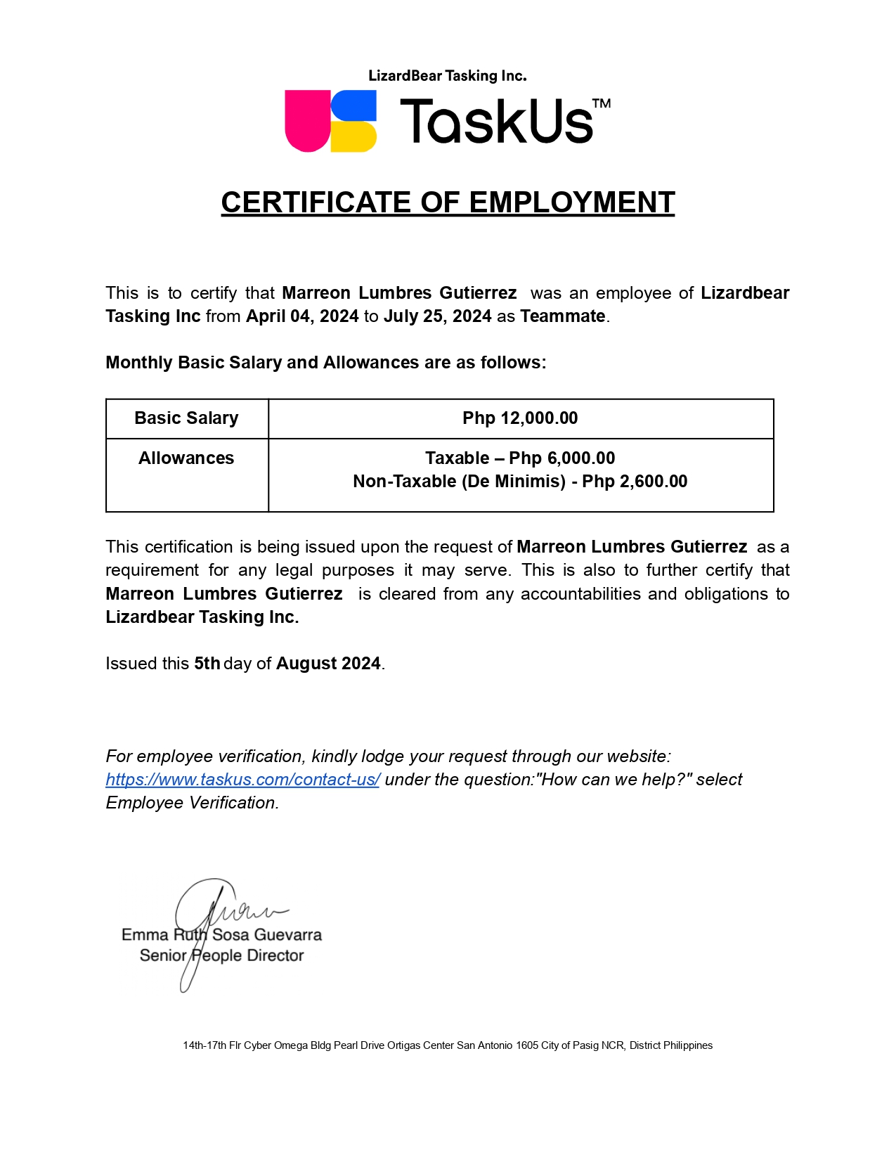 Certificate of Employment (TaskUs-Atlantis)