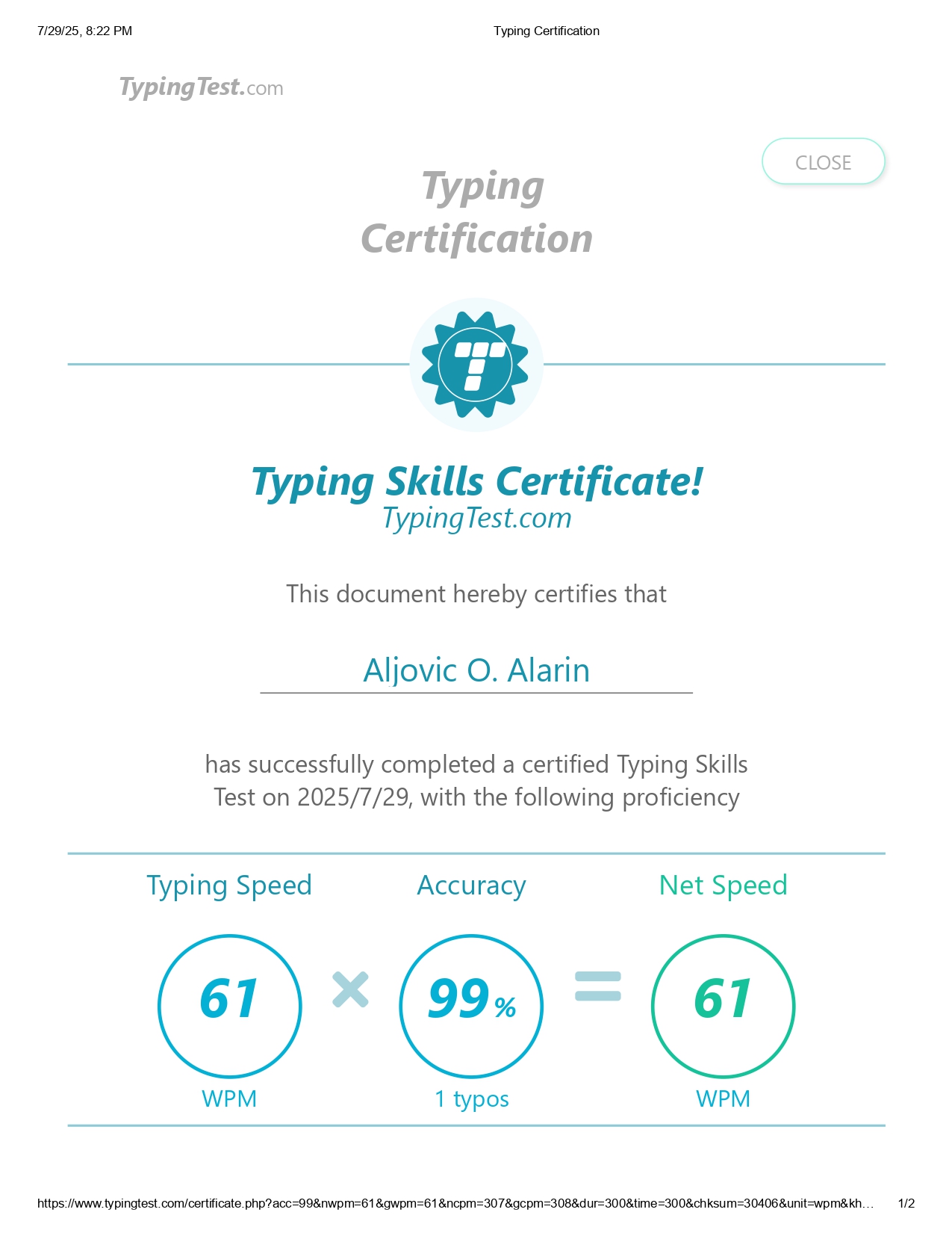 Typing Skills Certificate