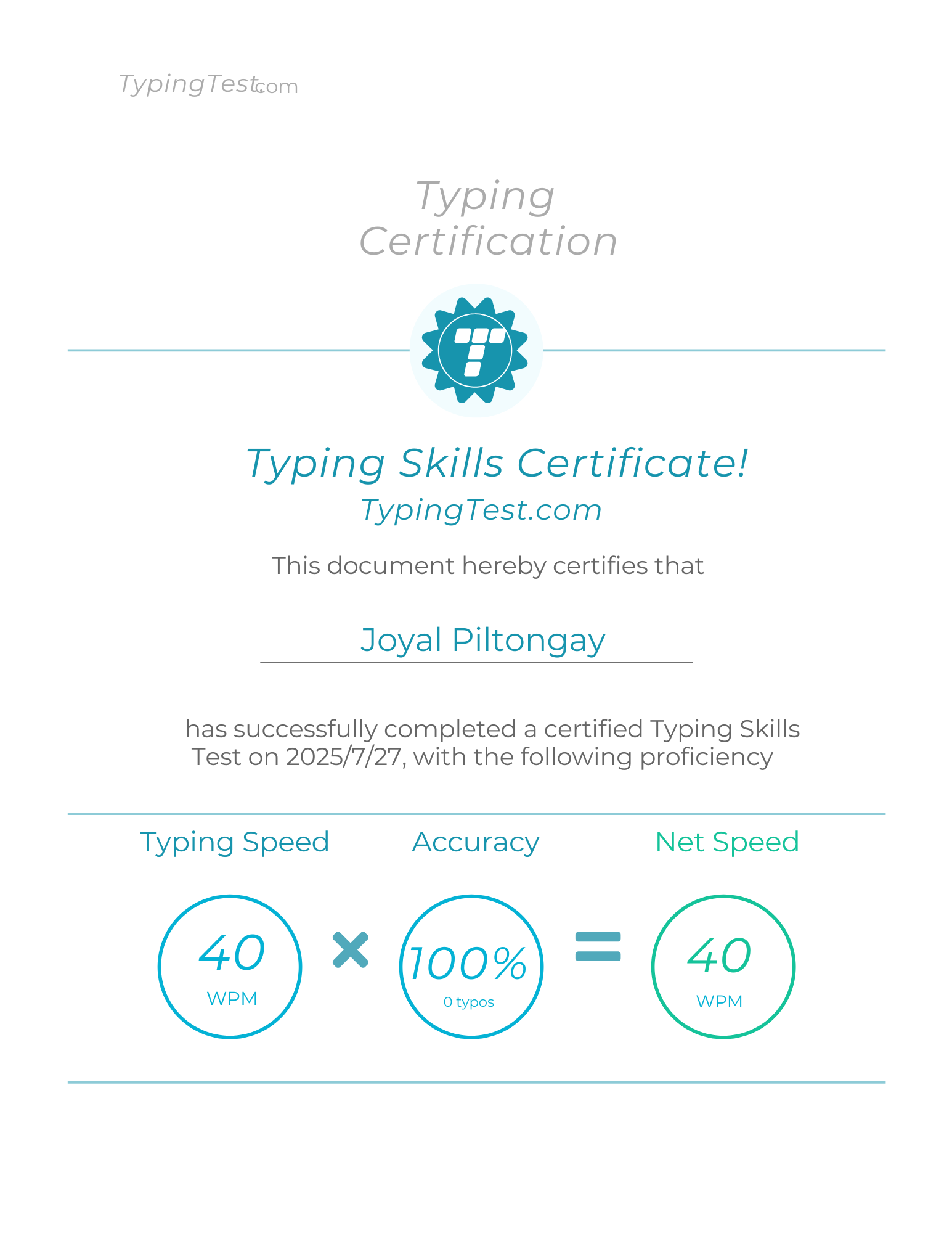 Typing Certificate