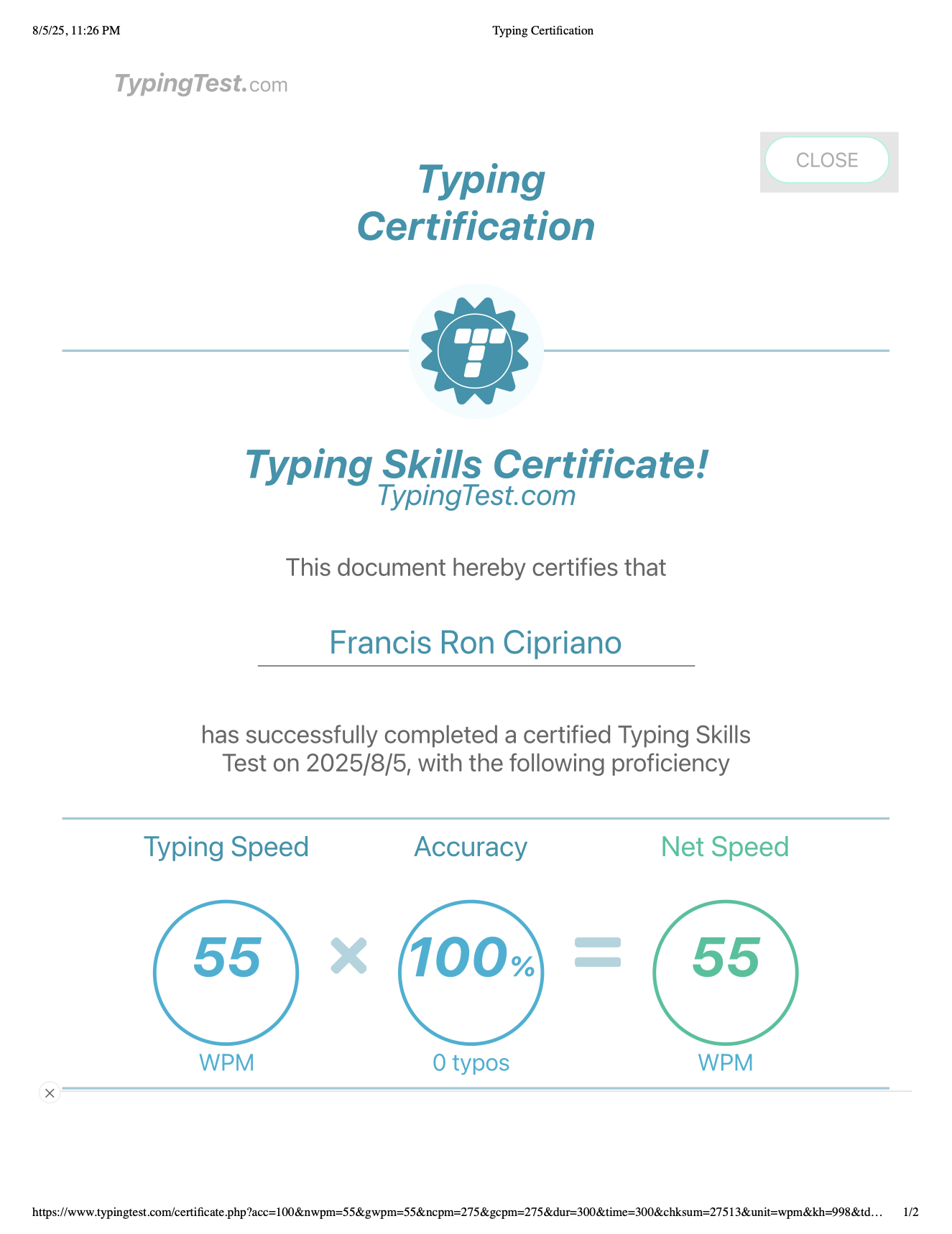 Typing Skills Certificate