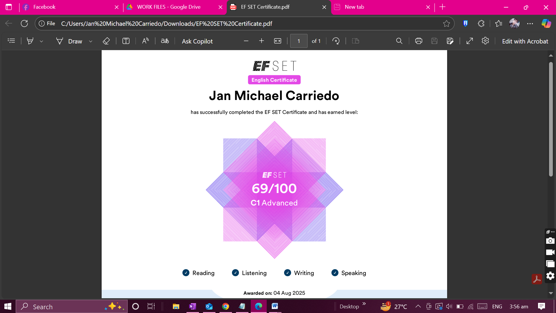 EF SET CERTIFICATE C1 PROFIECIENCY