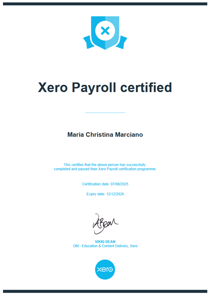 XERO Payroll Certificate
