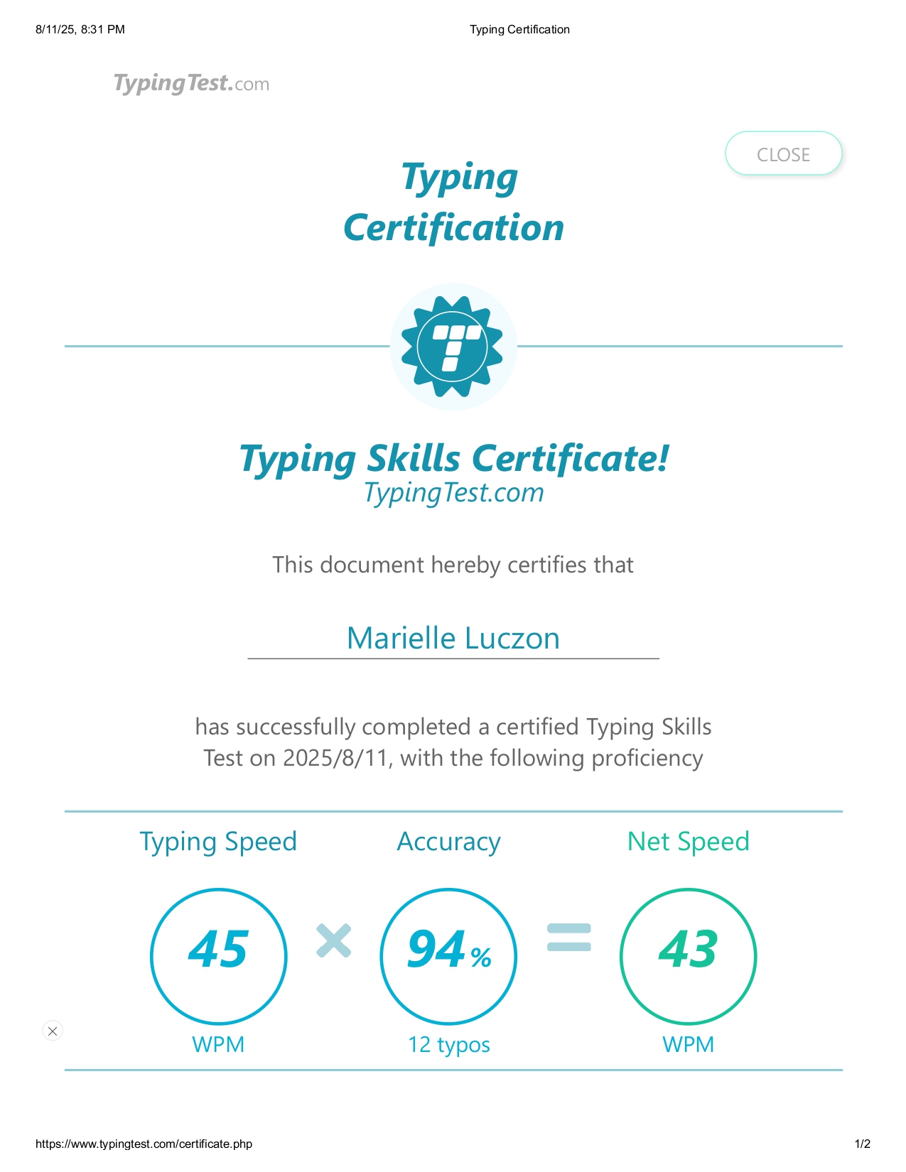 Typing test Certificate