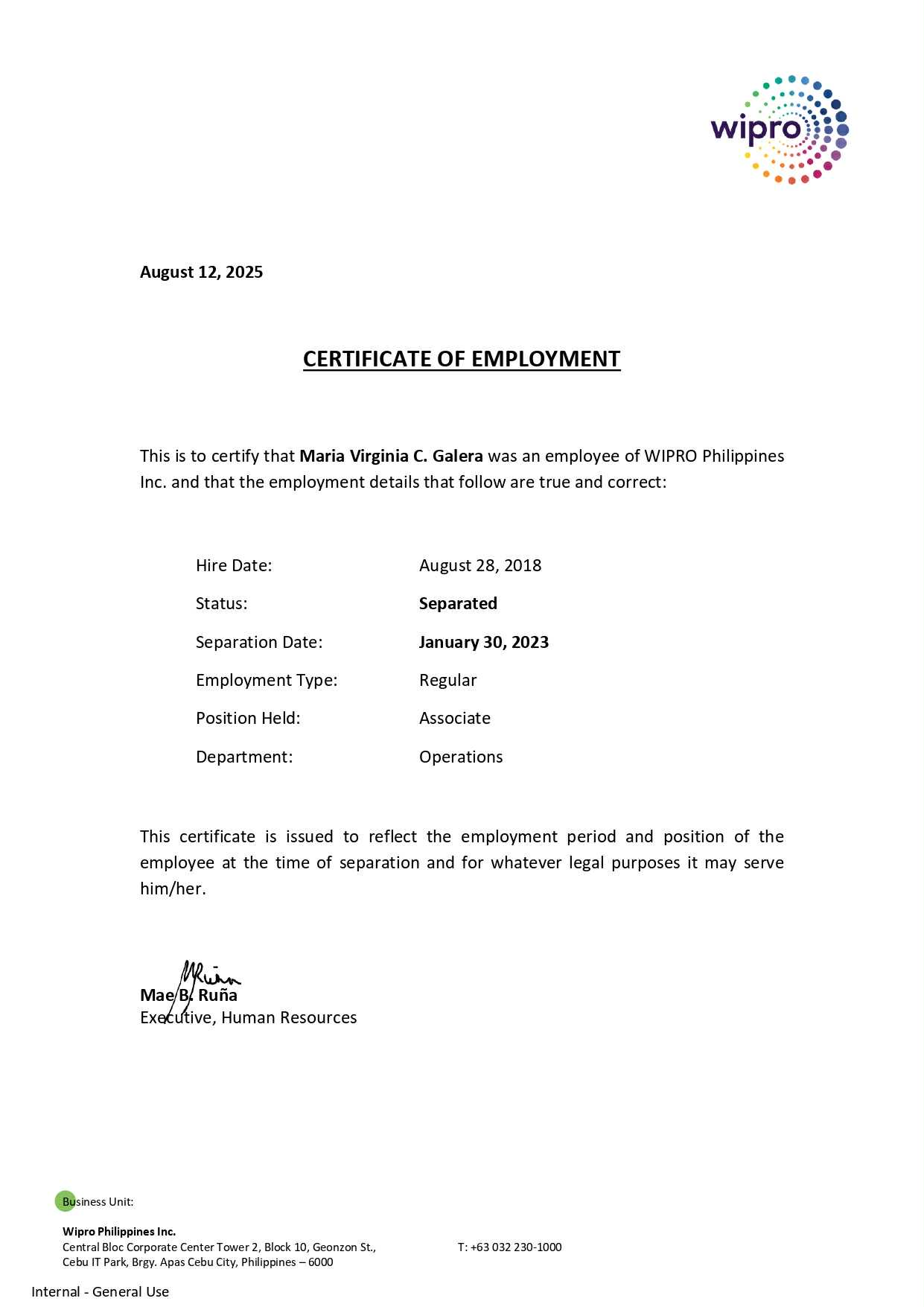 Certificate Of Employment Wipro Philippines