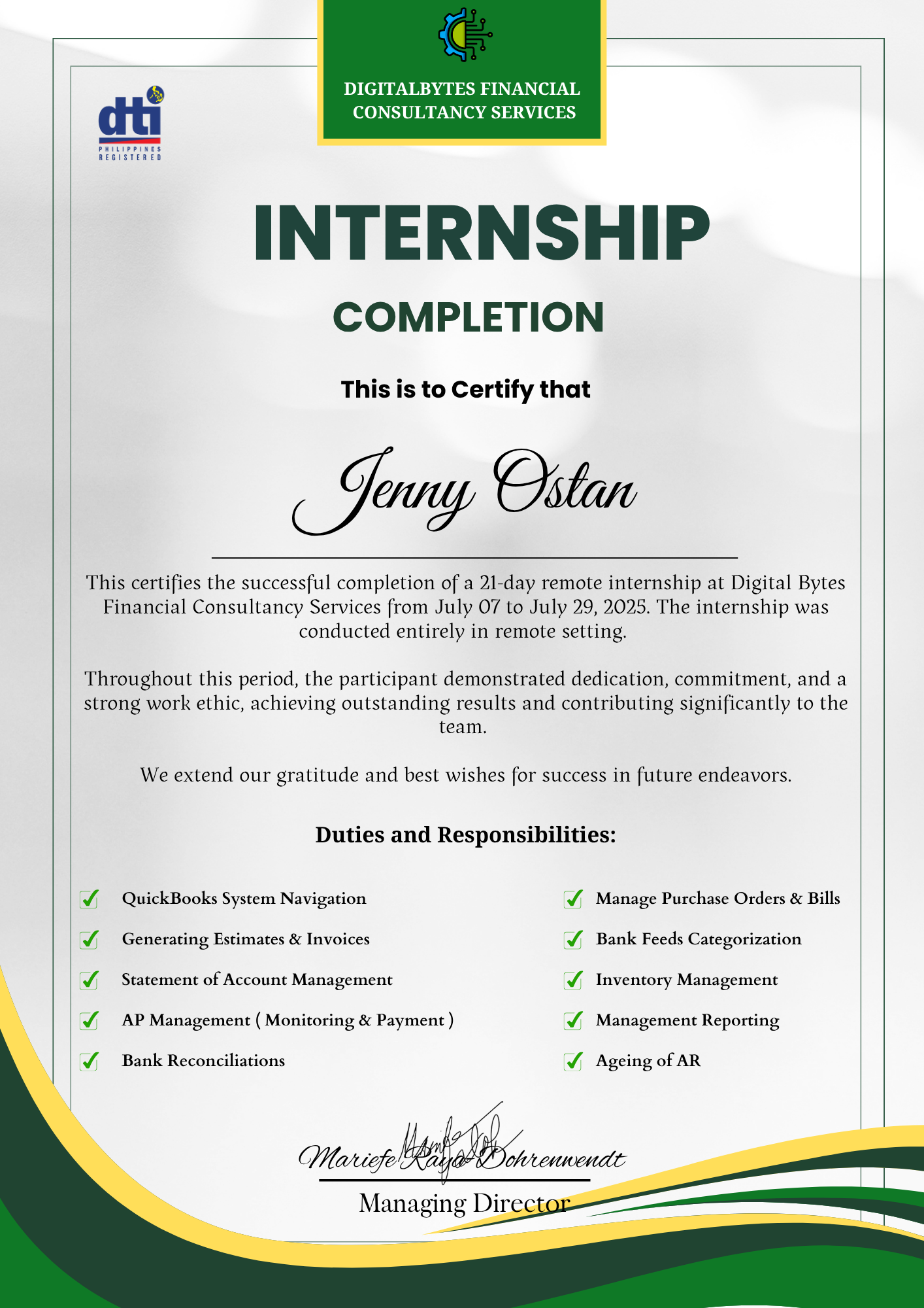 Bookkeeping QuickBooks Internship  Certificate