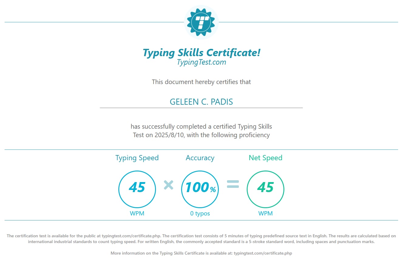 TYPING SKILLS CERTIFICATE